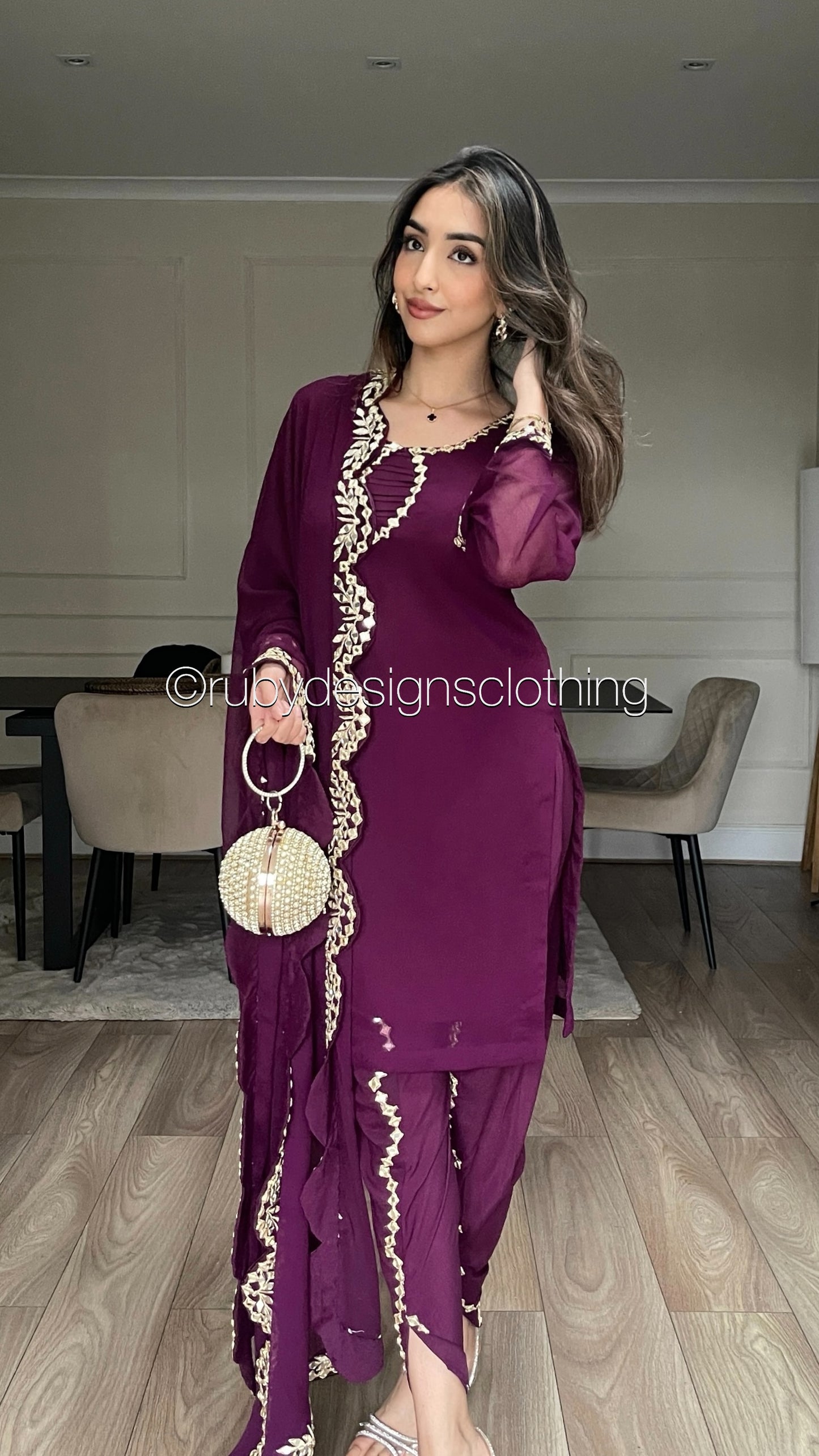 AQSA Plum - 3 Piece Plum Chiffon Suit with Tulip Trouser (8373499723989)