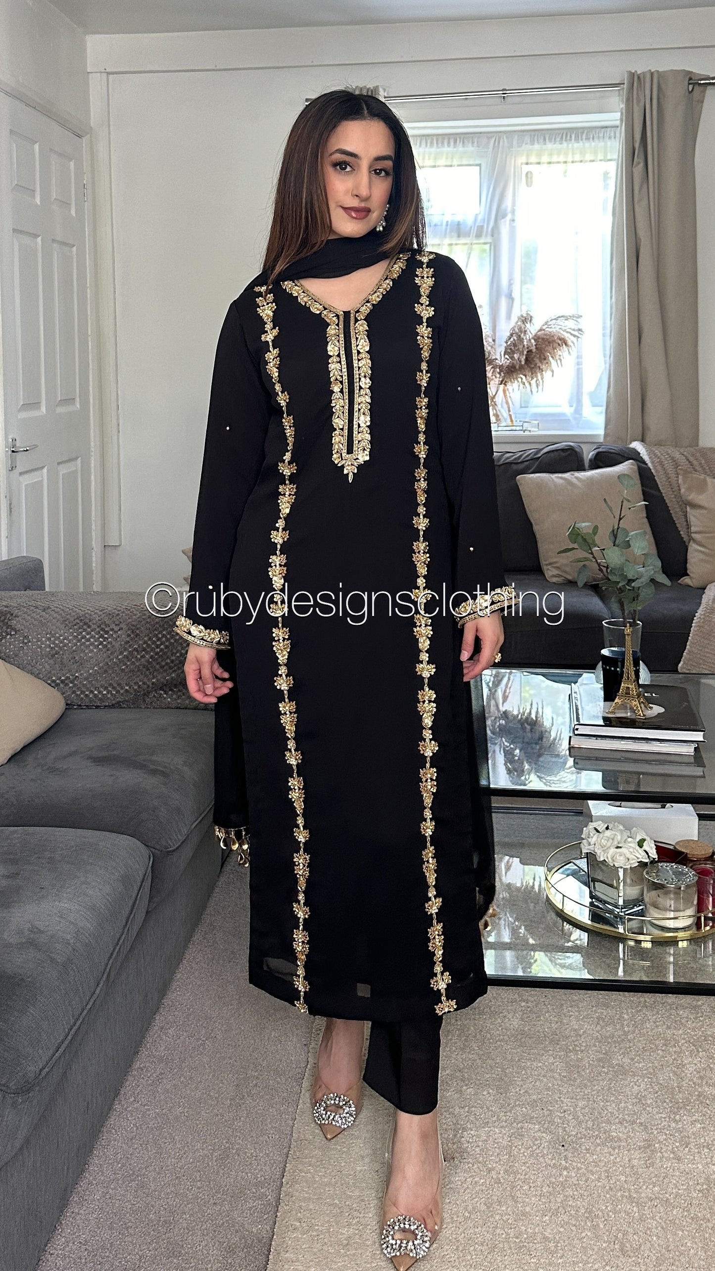 SADAF Black - 3 Piece Black Chiffon Suit with Gota Work (8532769276117)