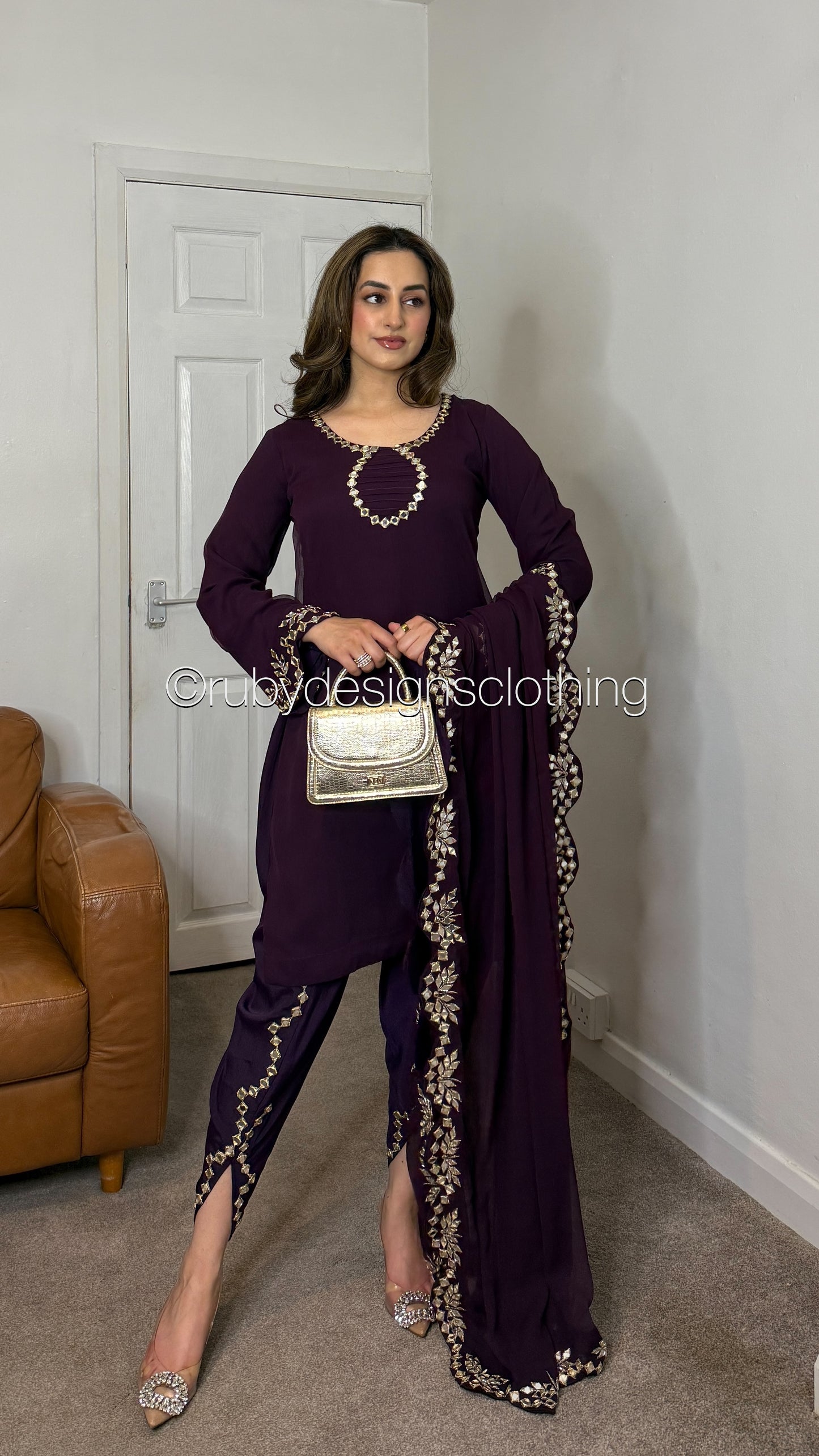 AQSA Plum - 3 Piece Chiffon Suit with Tulip Trouser