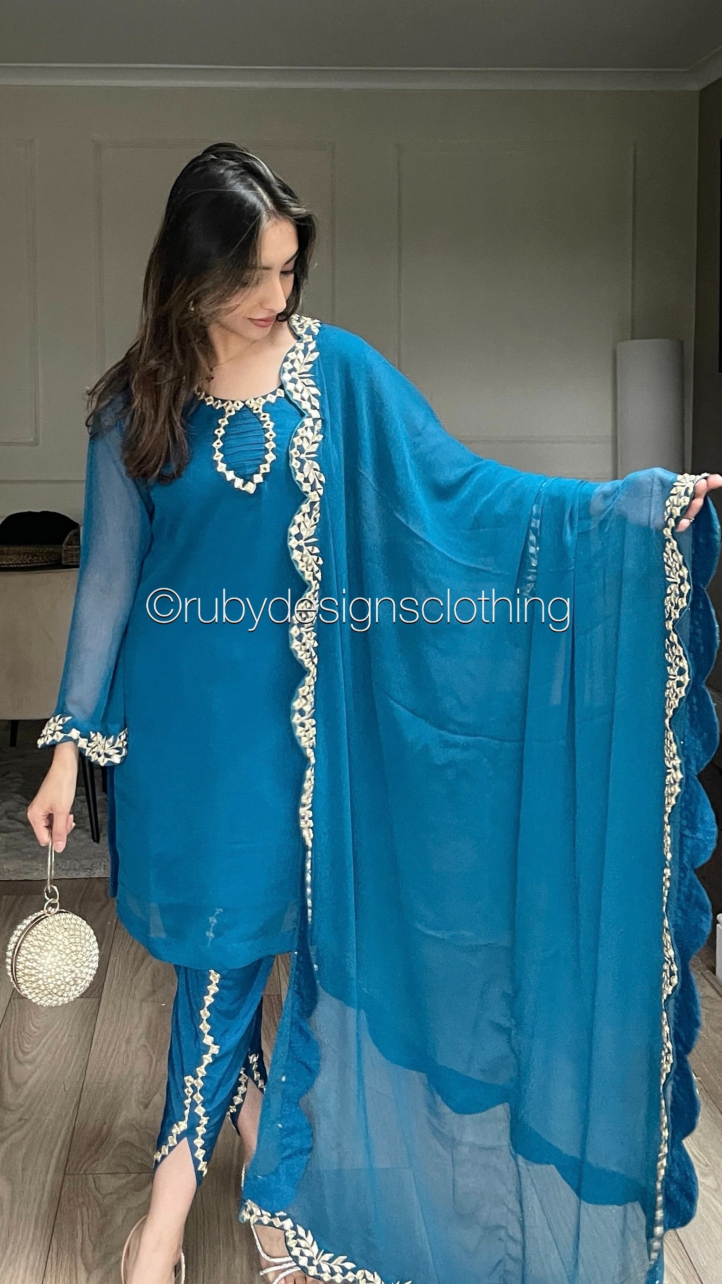 AQSA Teal - 3 Piece Teal Chiffon Suit with Tulip Trouser (8373499429077)