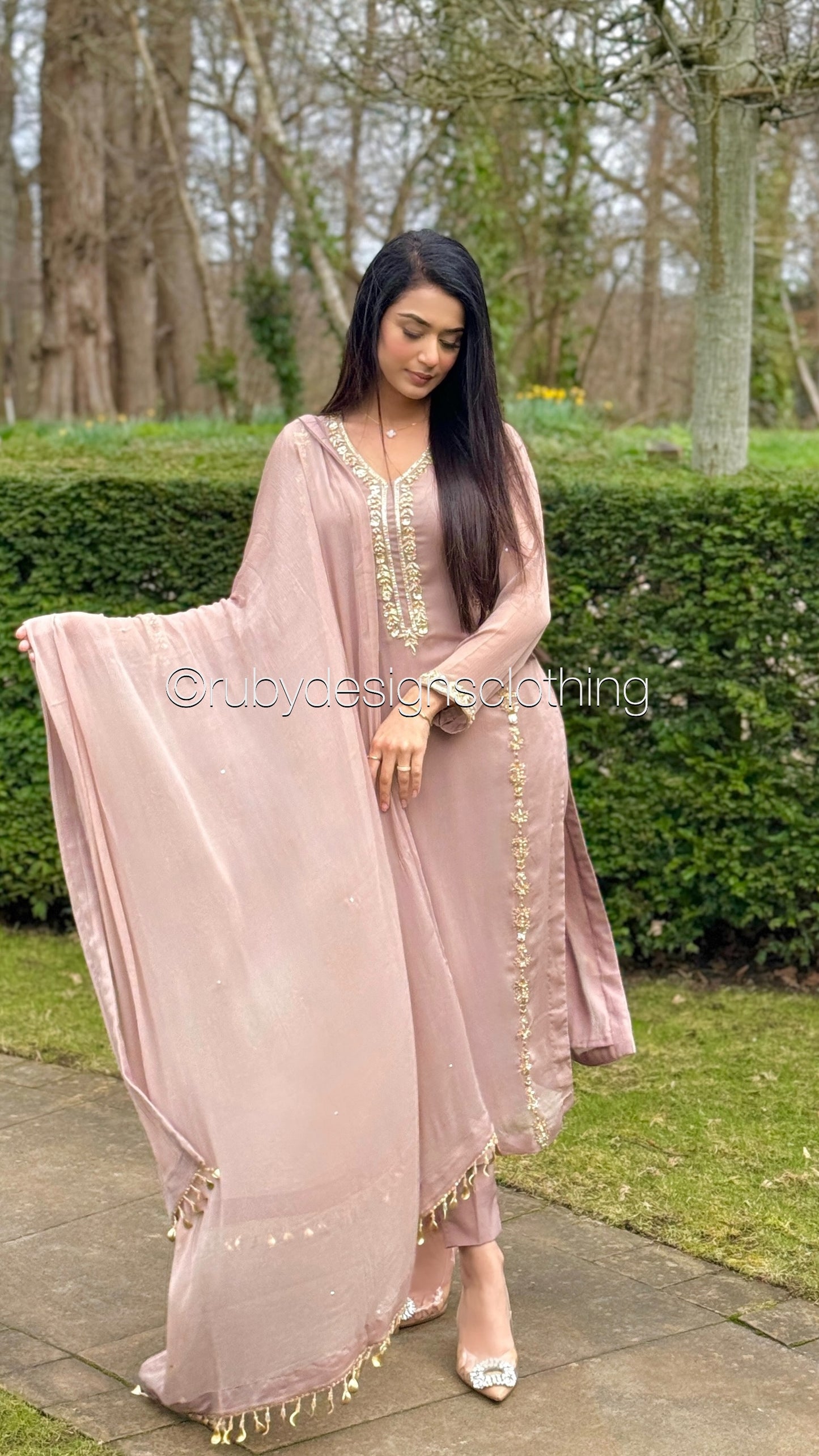 SADAF Rose - 3 Piece Rose Chiffon Suit with Gota Work (8311028187349)