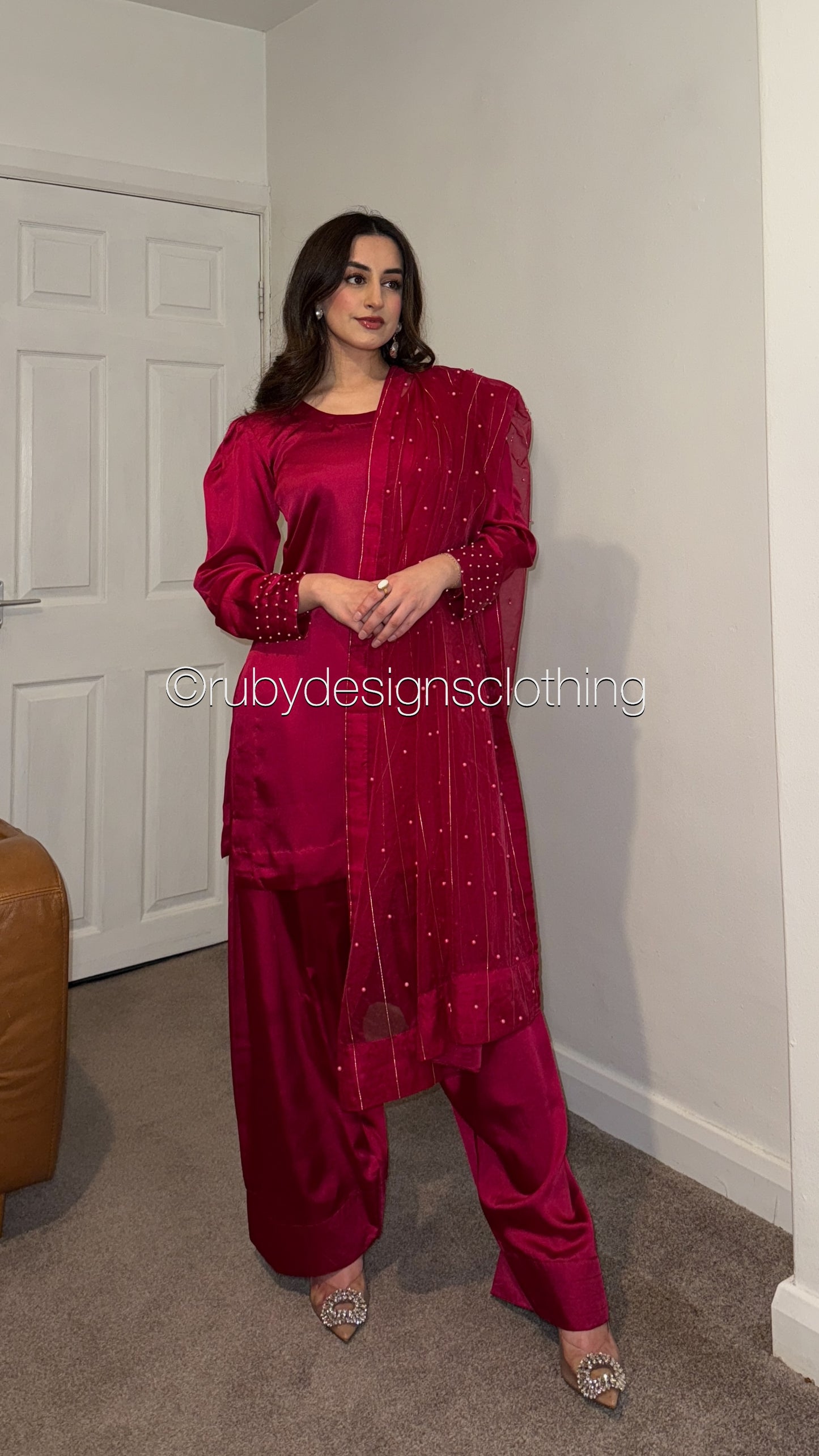ELAYA Rose - 3 Piece Silk Suit with Farshi Shalwar