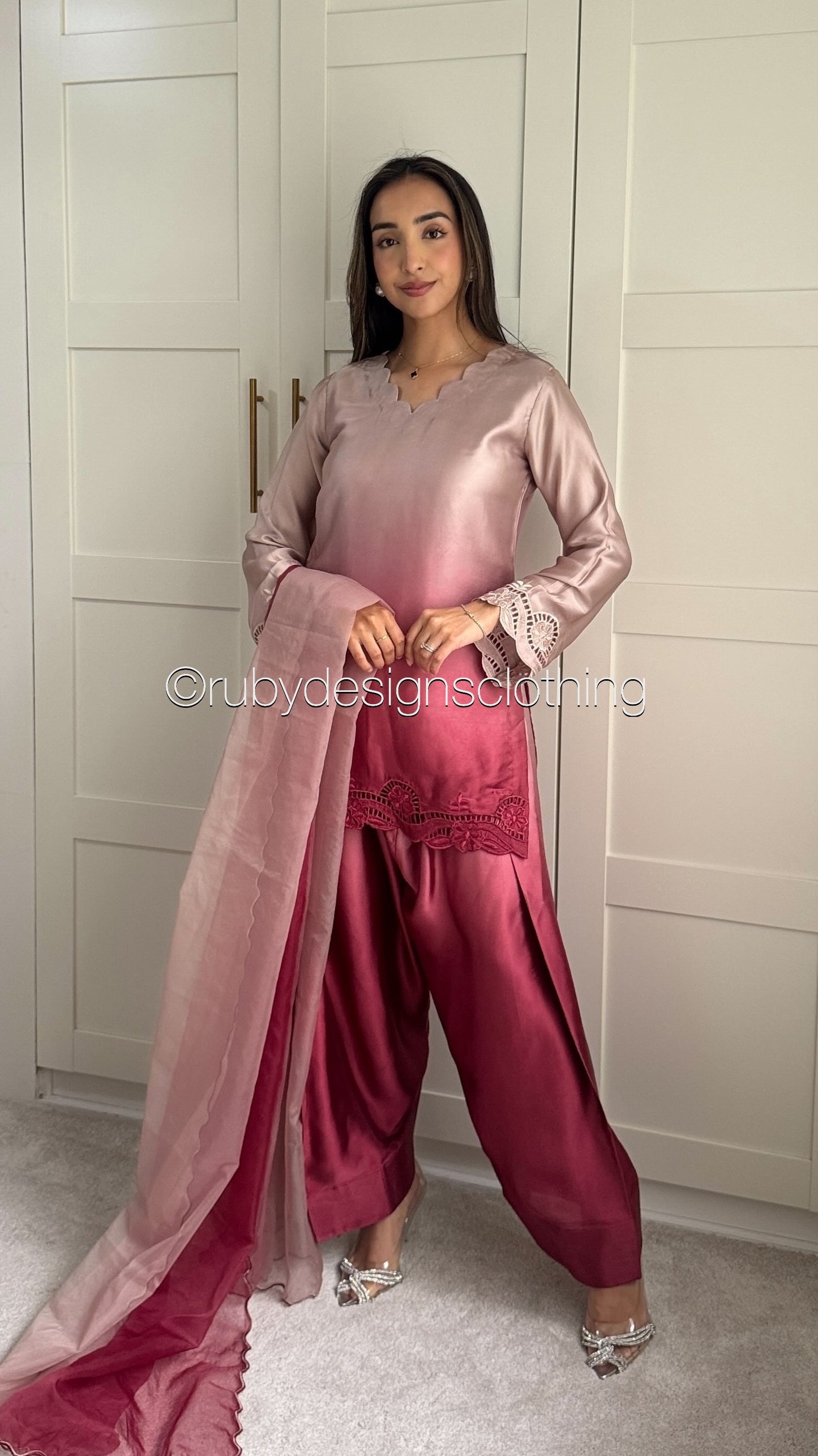 Rose Ember - 3 Piece Silk Suit with Farshi Shalwar