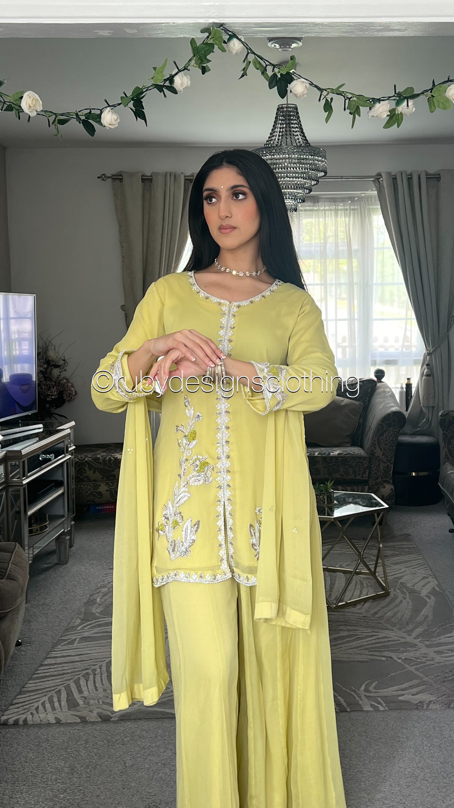 AROOSA Lime - 3 Piece Chiffon Sharara with Handwork (8650121347285)