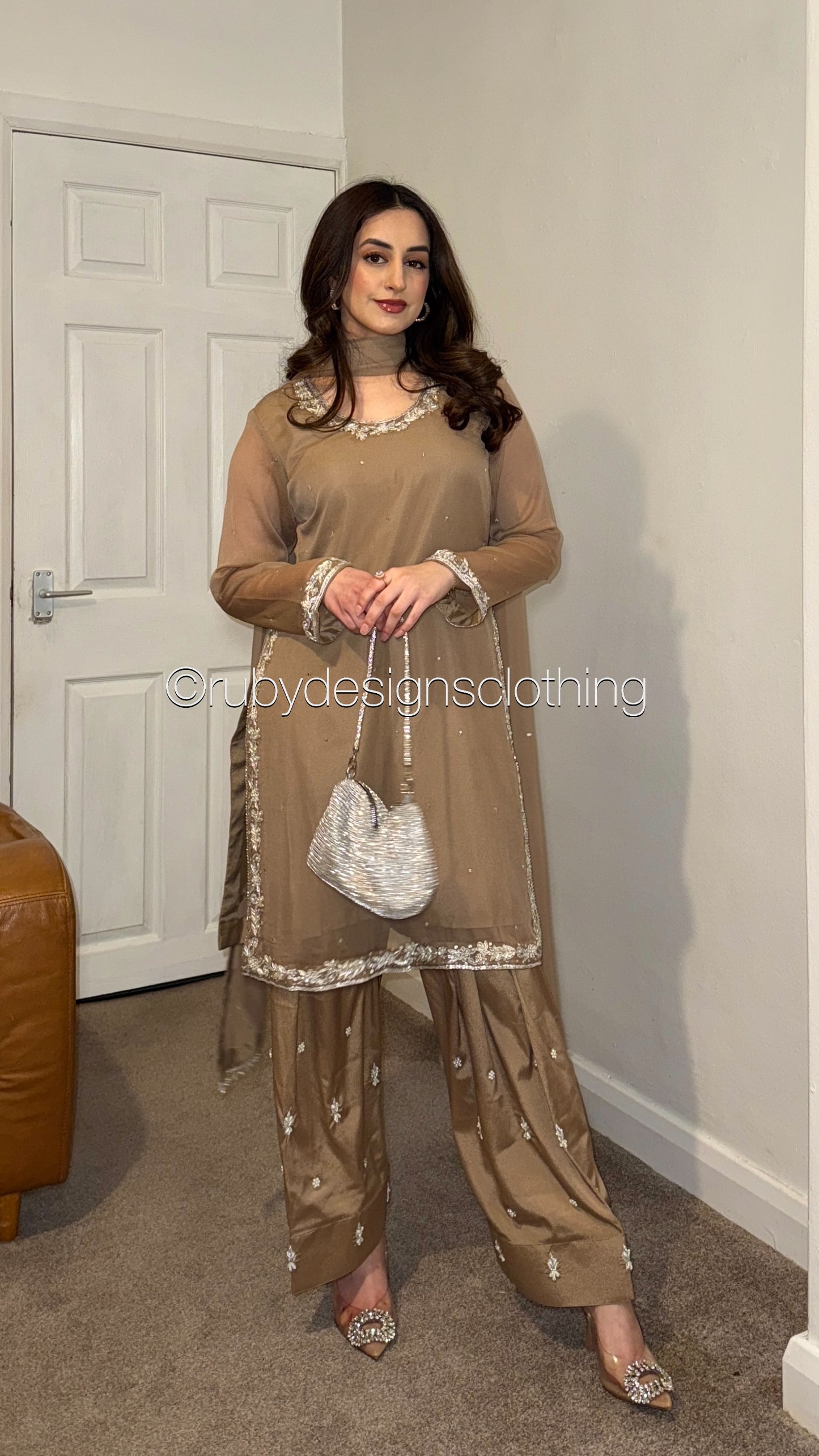 AYRA Dawn - 3 Piece Brown Chiffon Suit with Farshi Shalwar