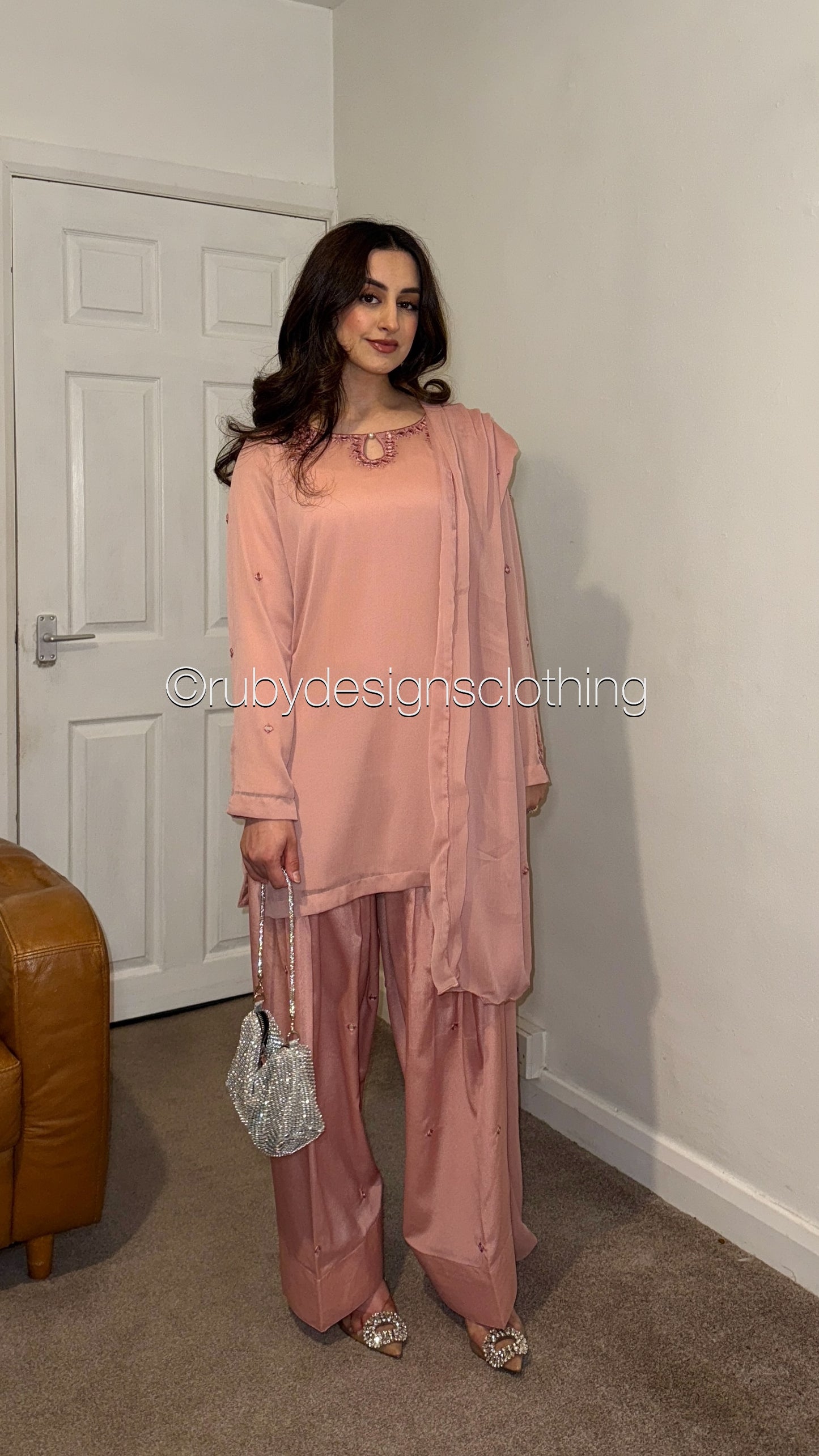 AINA Rose - 3 Piece Pink Chiffon Suit with Farshi Shalwar