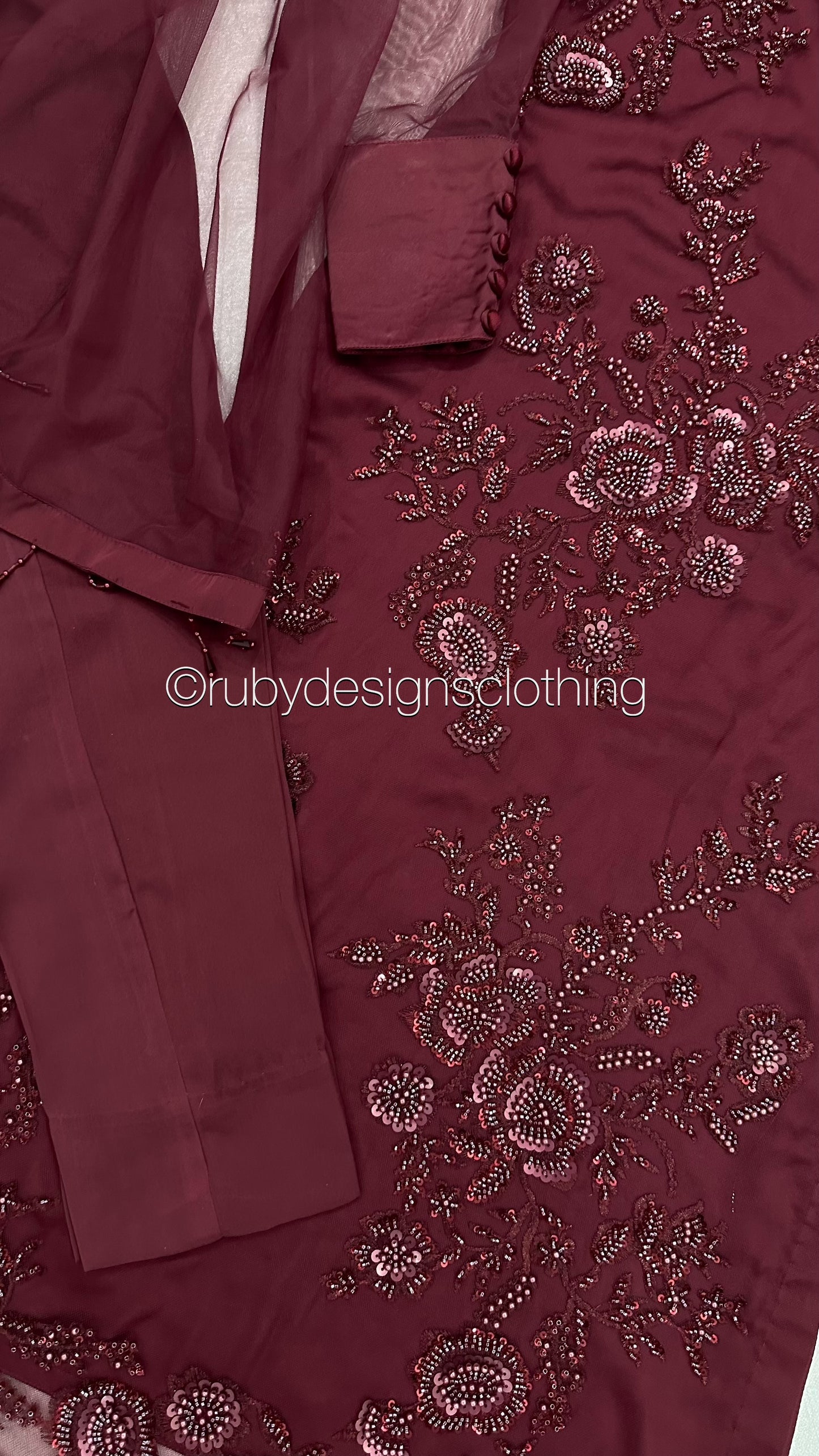 DINA - 3 Piece Deep Red Net Suit with Net Dupatta and Tassels (8301864255701)