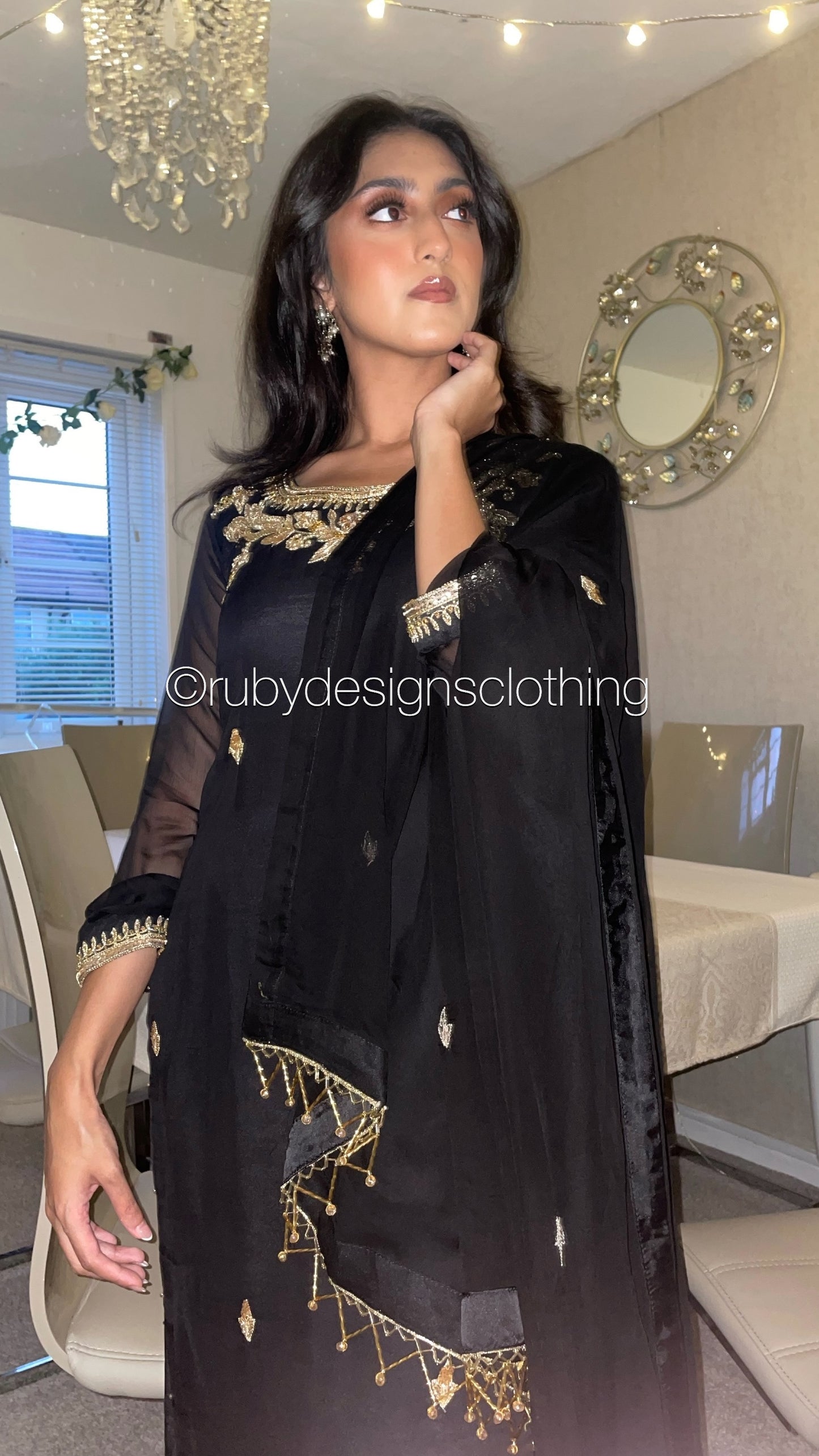 AMBREEN Black - 4 Piece Chiffon Suit with Gold Handwork (8012564922581)