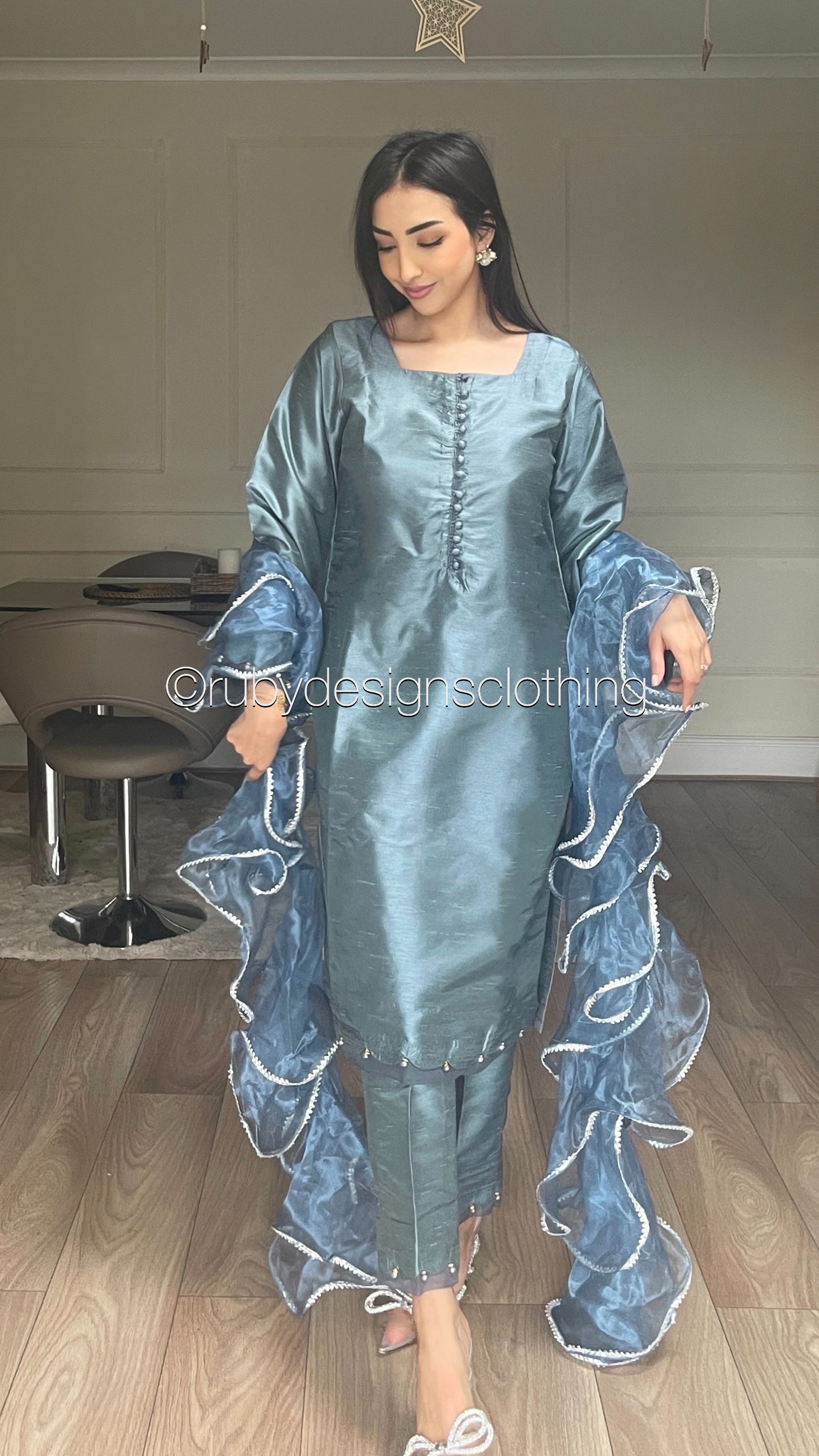 ALEEZA Blue - 3 Piece Raw Silk Suit with Ruffle Dupatta (8210381799637)