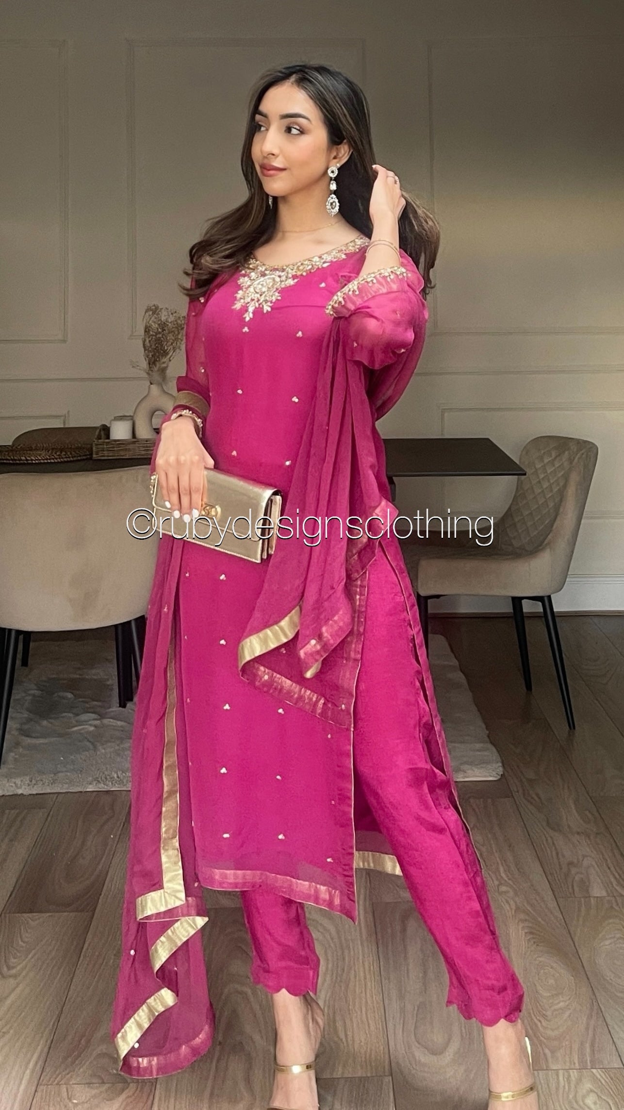 ALVIA Pink - 3 Piece Pink Chiffon Suit with Gold Handwork (8295036649685)
