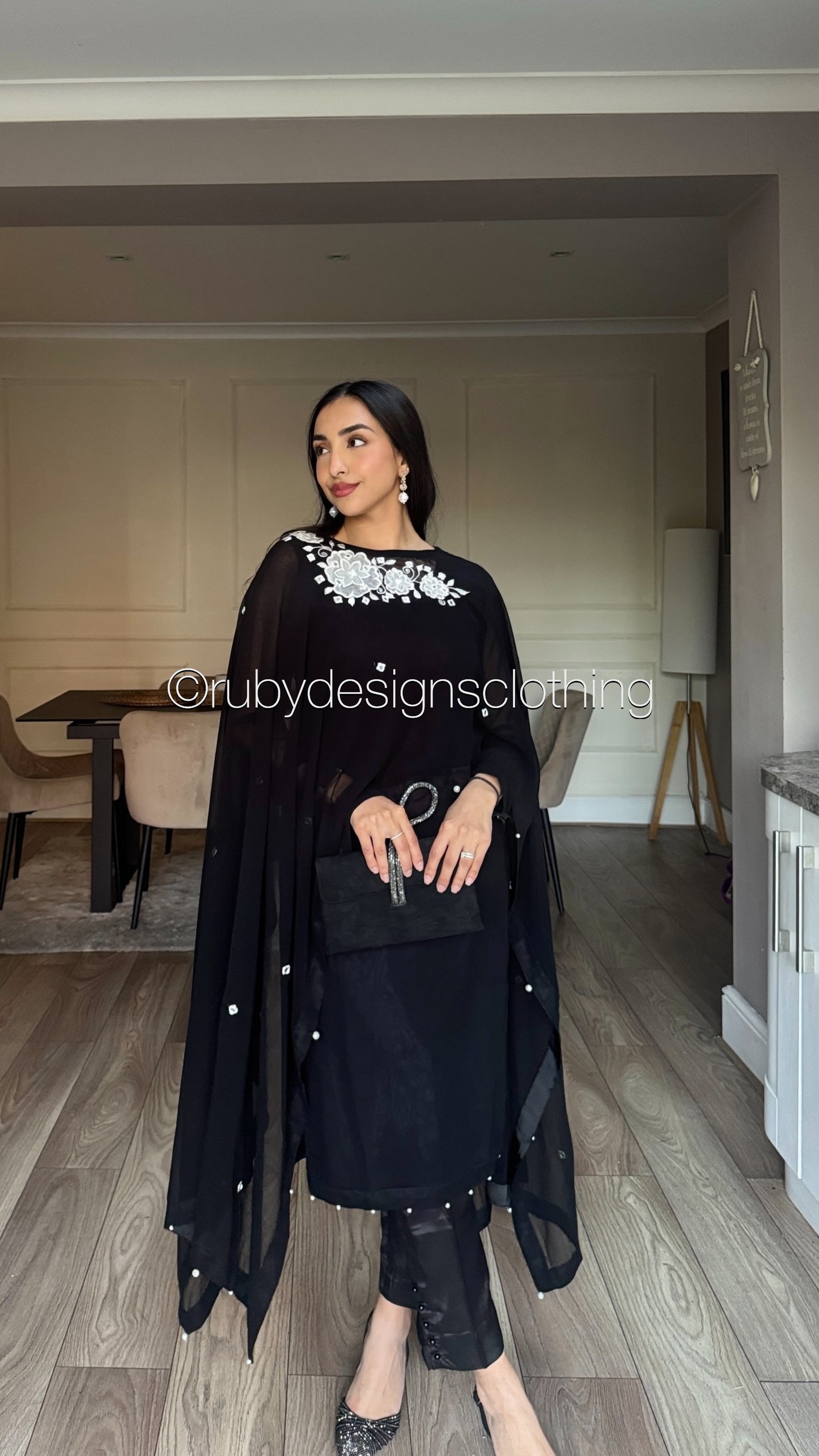 KAYNAT - 3 Piece Black Chiffon Suit with Cape/Poncho