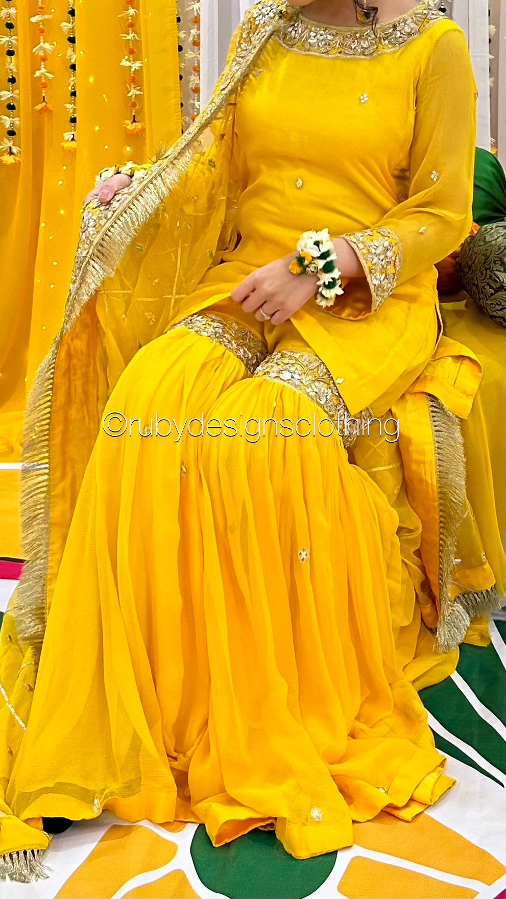 PRE- ORDER NAIMA - 3 Piece Mustard Chiffon Gharara with Handwork (8696400216277)
