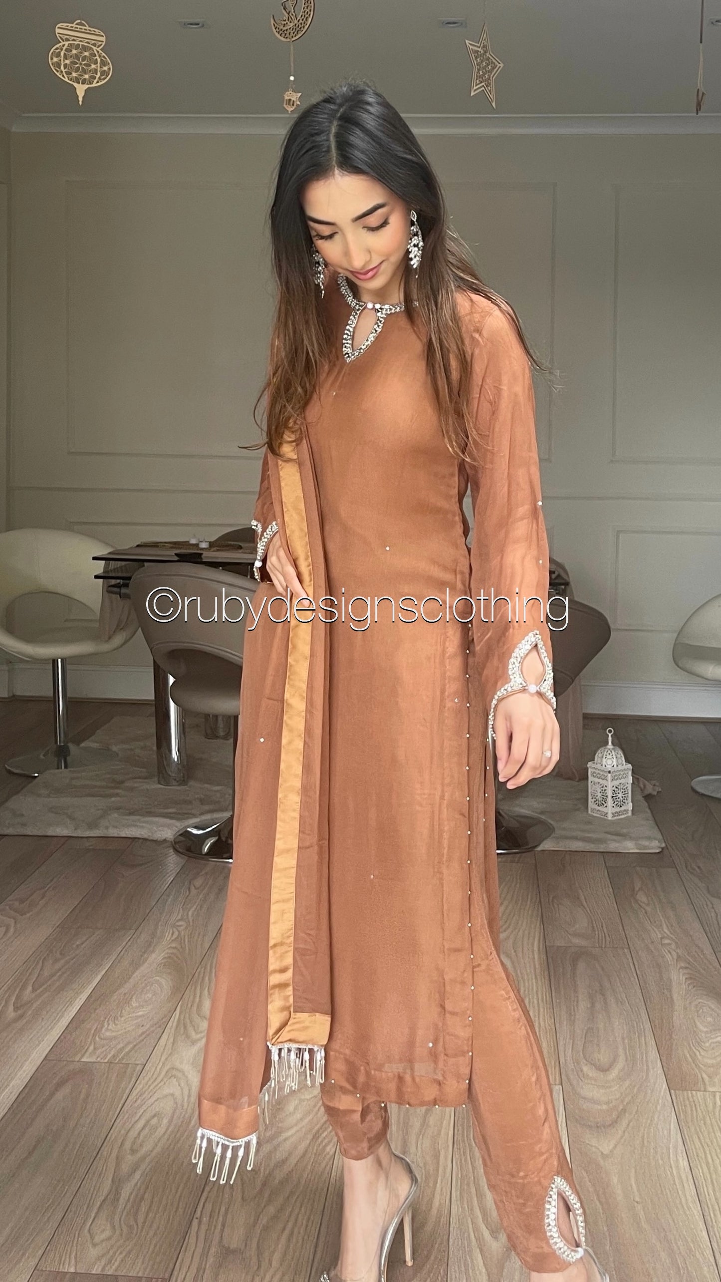 HAYA Caramel - 3 Piece Chiffon Suit with Hand Embellished Neckline (8026580058325)