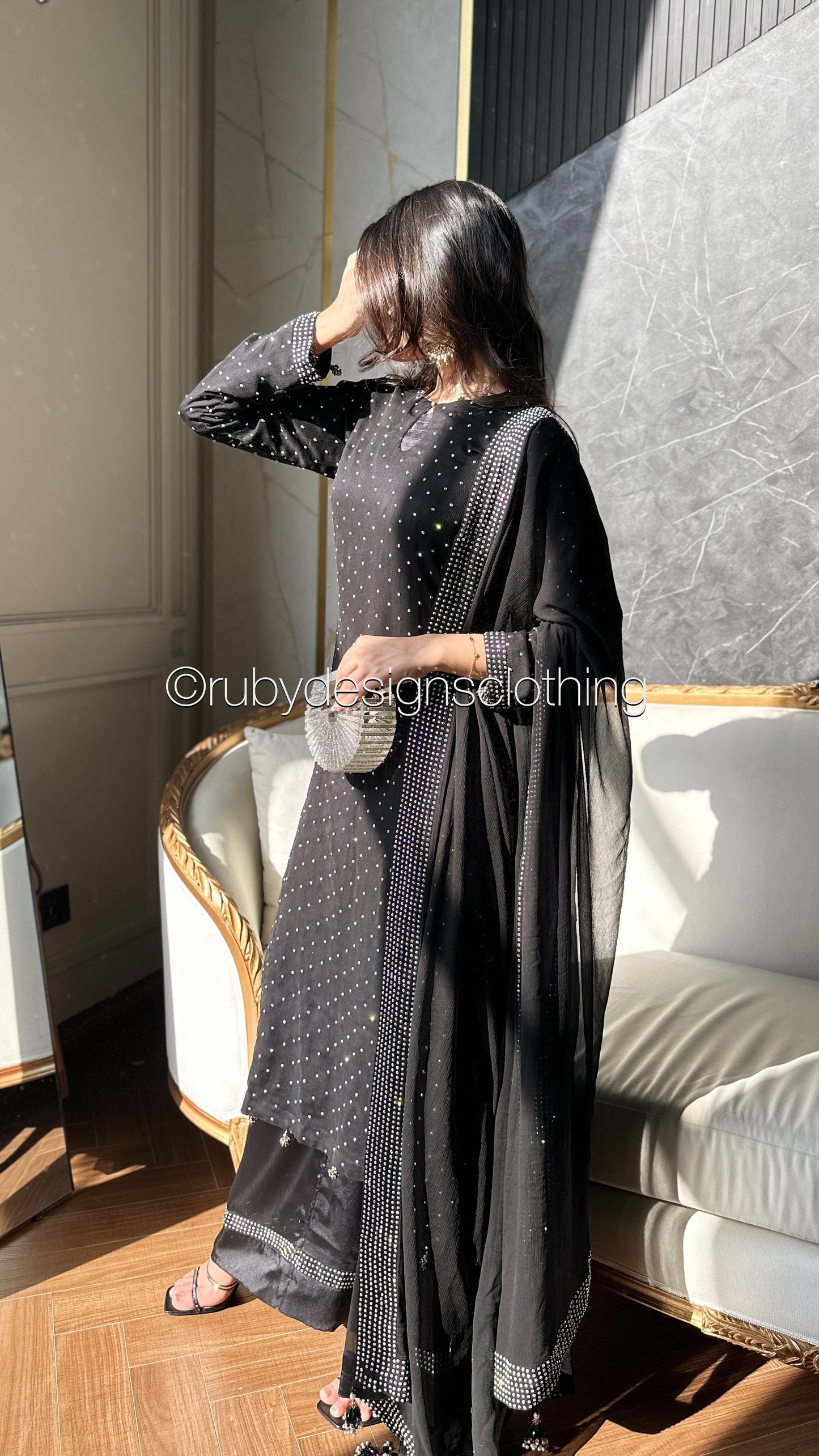 MISSING ITEM (TROUSER and SCARF) - LEENA Noir - 3 Piece Chiffon Suit with Stonework