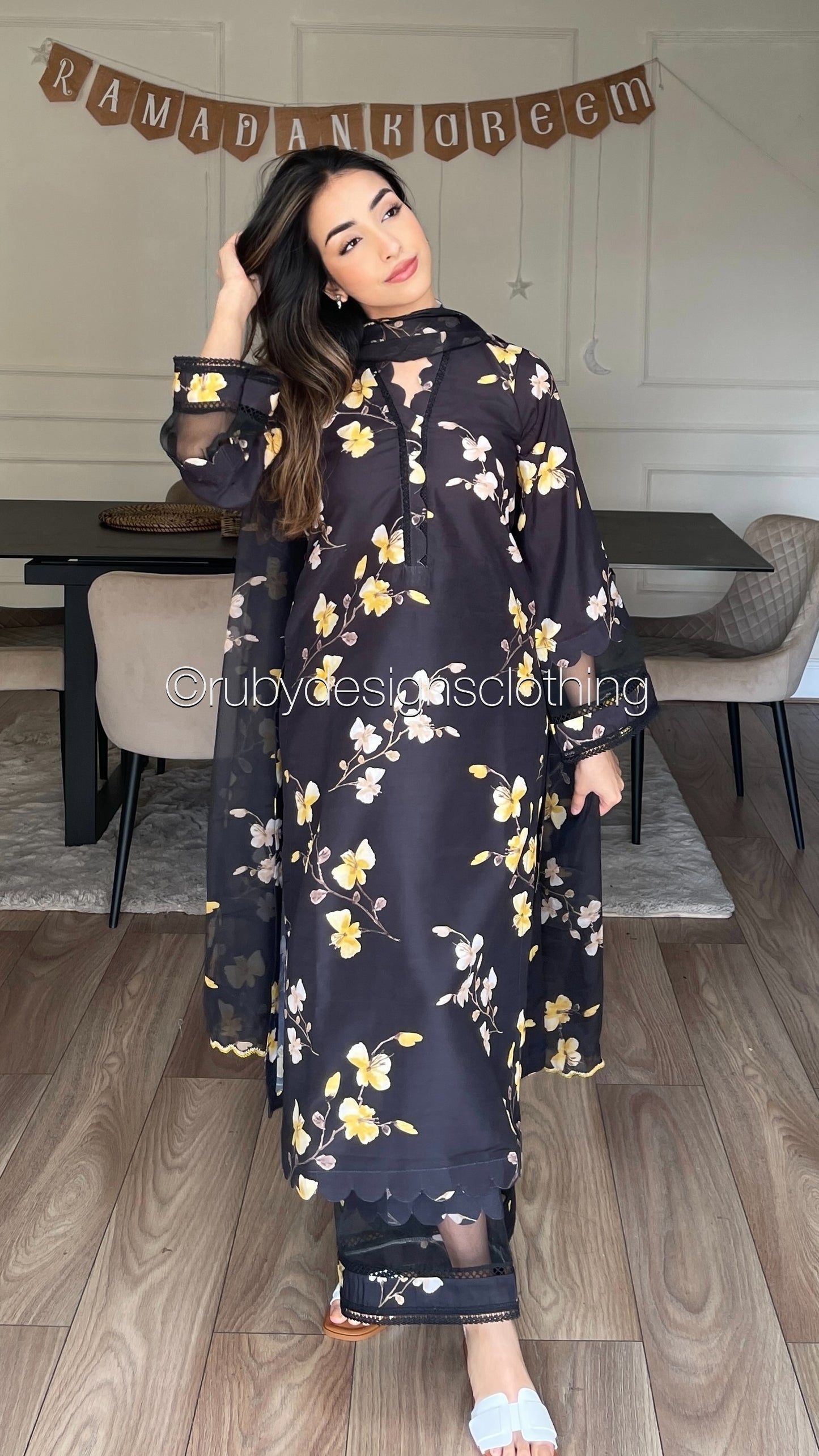 UMAIZA- 3 Piece Black and Yellow Swiss Lawn Suit with Silk Dupatta (8352646430933)