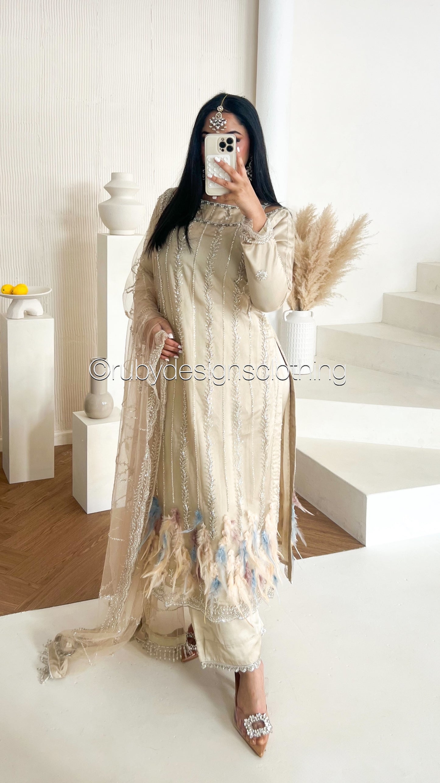ELARA Pearl - 3 Piece Ivory Net Suit with Heavy Cutdana Work