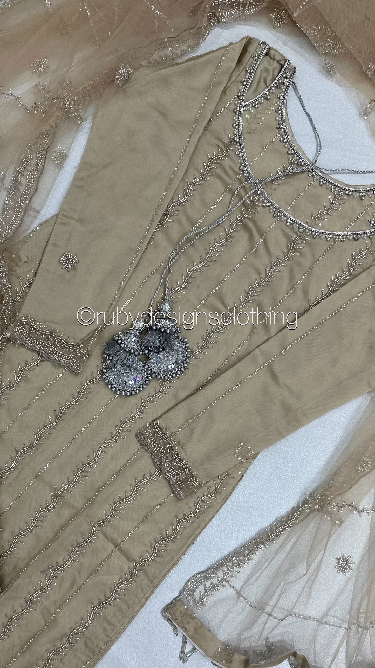 ELARA Pearl - 3 Piece Ivory Net Suit with Heavy Cutdana Work