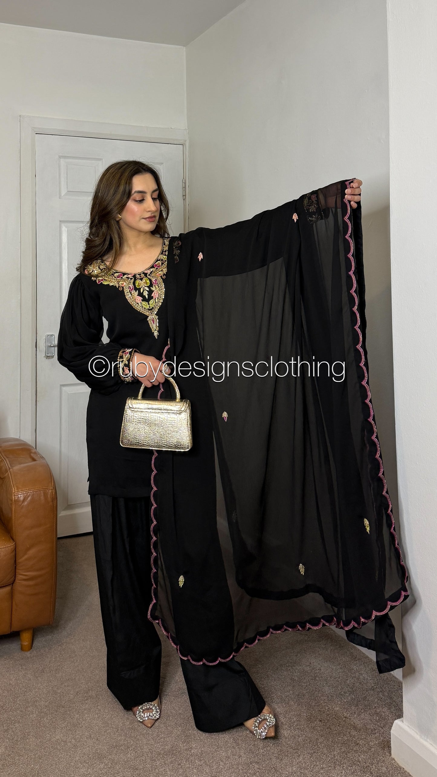 MISSING ITEMS (TROUSER and SCARF) - SERENE Black - Luxury 3 Piece Chiffon Suit with Farshi Shalwar
