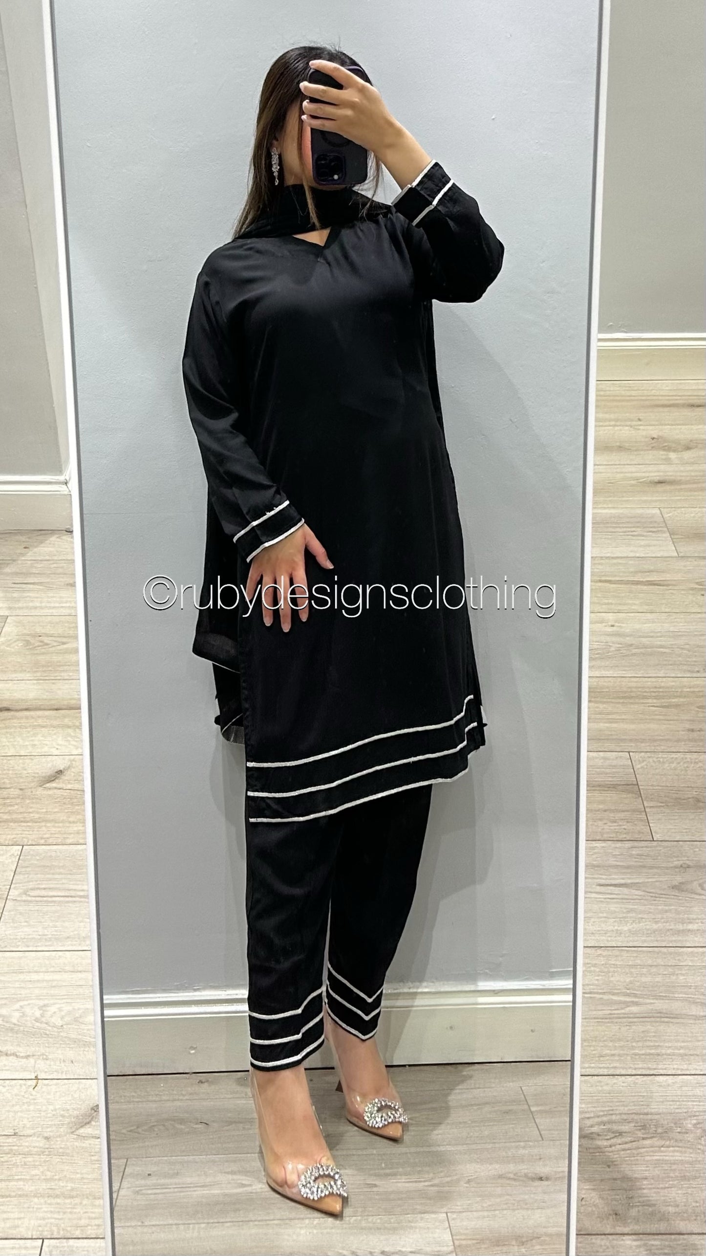 3 Piece Black Linen Suit with V Neck and Silver Border (8746842489045)