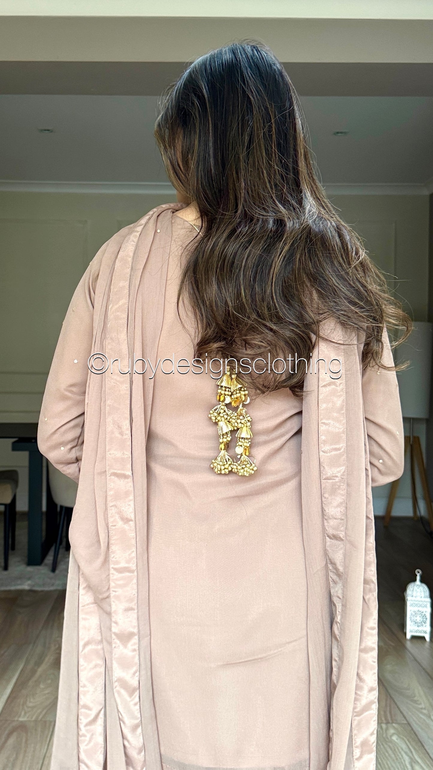 RAHA Latte - Luxury 3 Piece Chiffon Suit with Farshi Shalwar