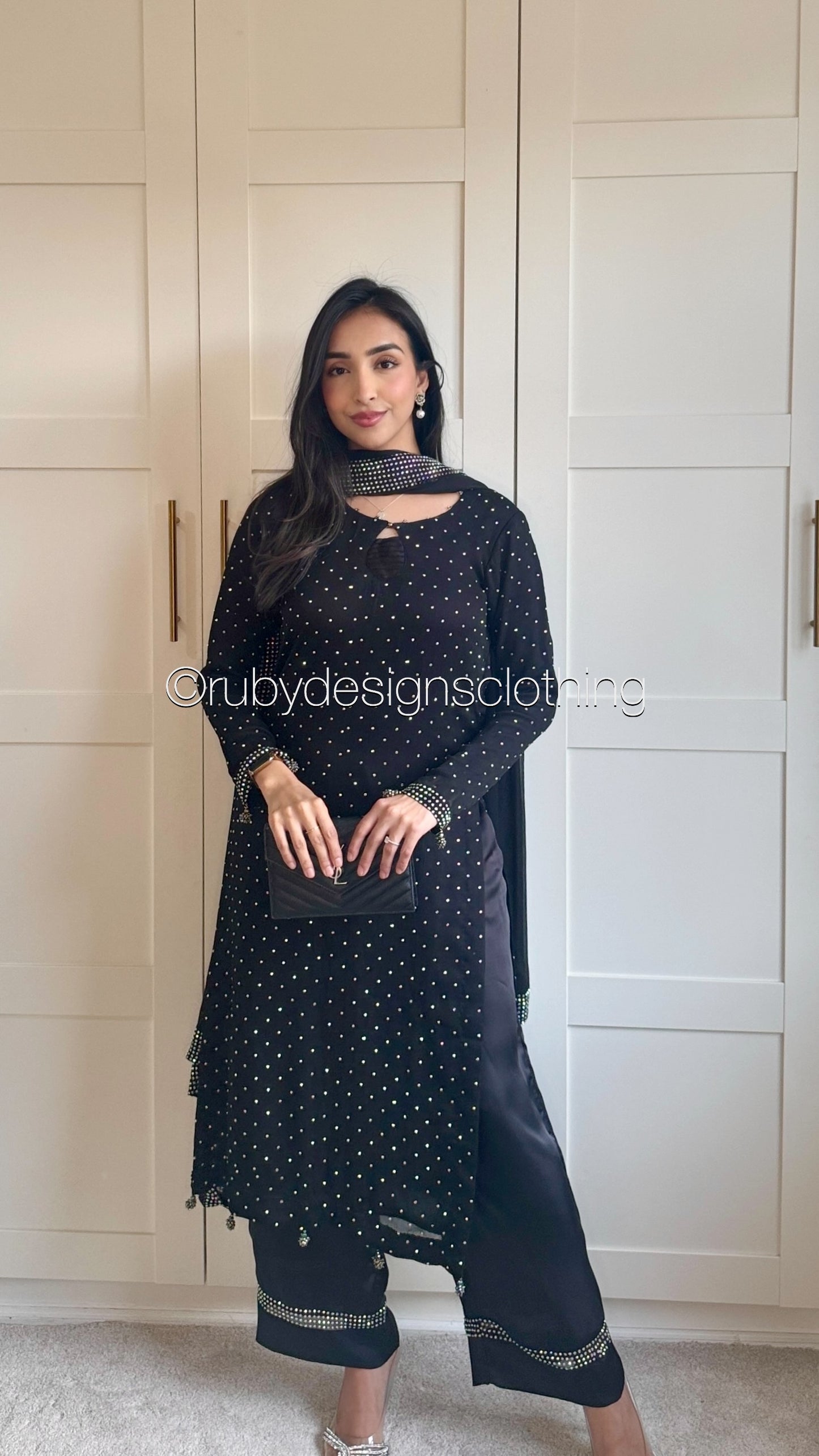 MISSING ITEM (TROUSER and SCARF) - LEENA Noir - 3 Piece Chiffon Suit with Stonework