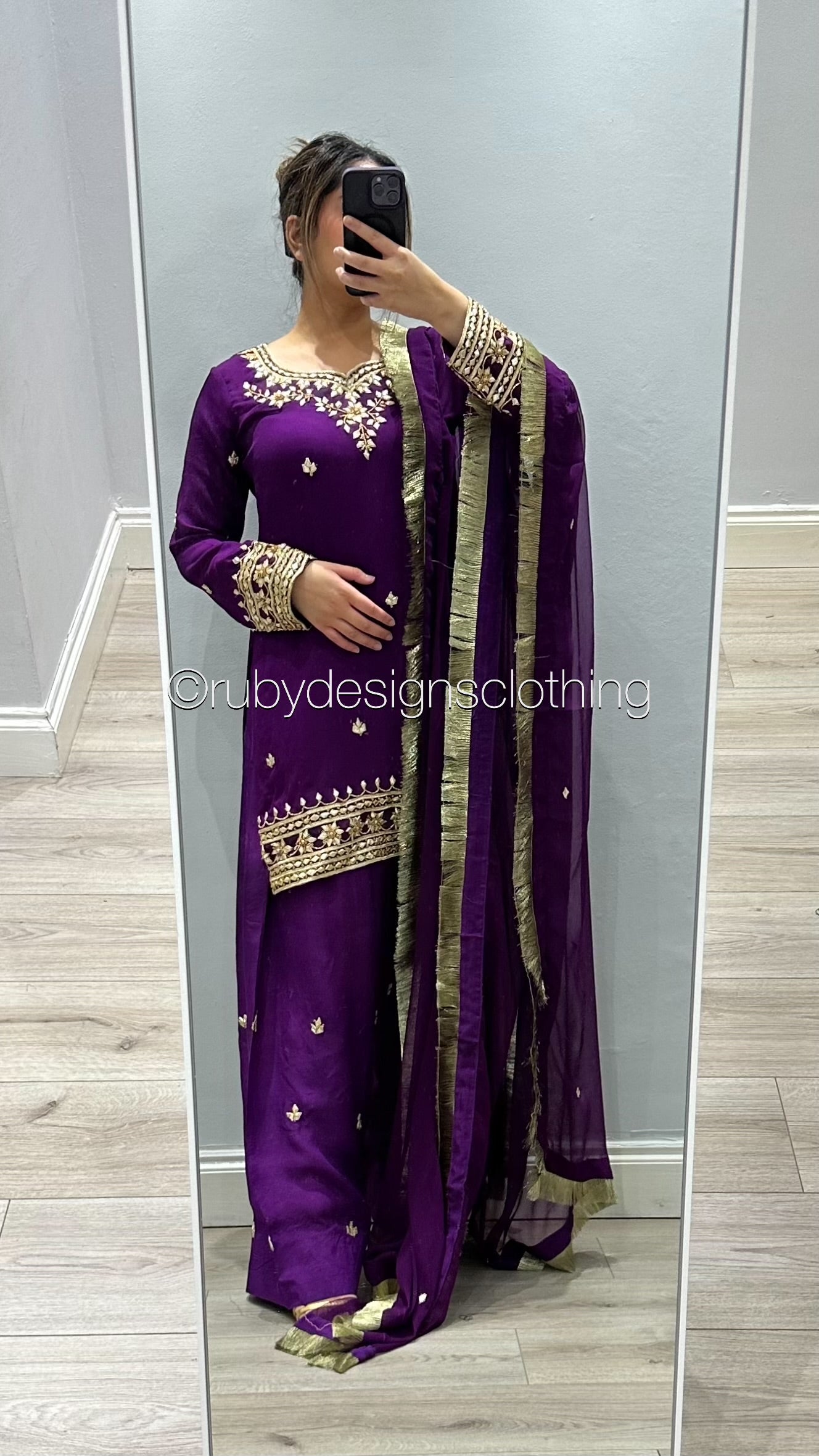 SAJAL Purple - EXCLUSIVE SAMPLE 3 Piece Chiffon Suit with Farshi Shalwar and Gota Handwork