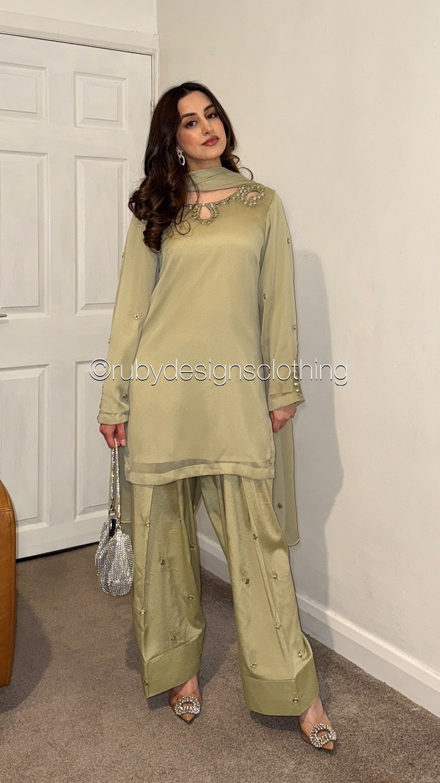 AINA Sage - 3 Piece Sage Chiffon Suit with Farshi Shalwar