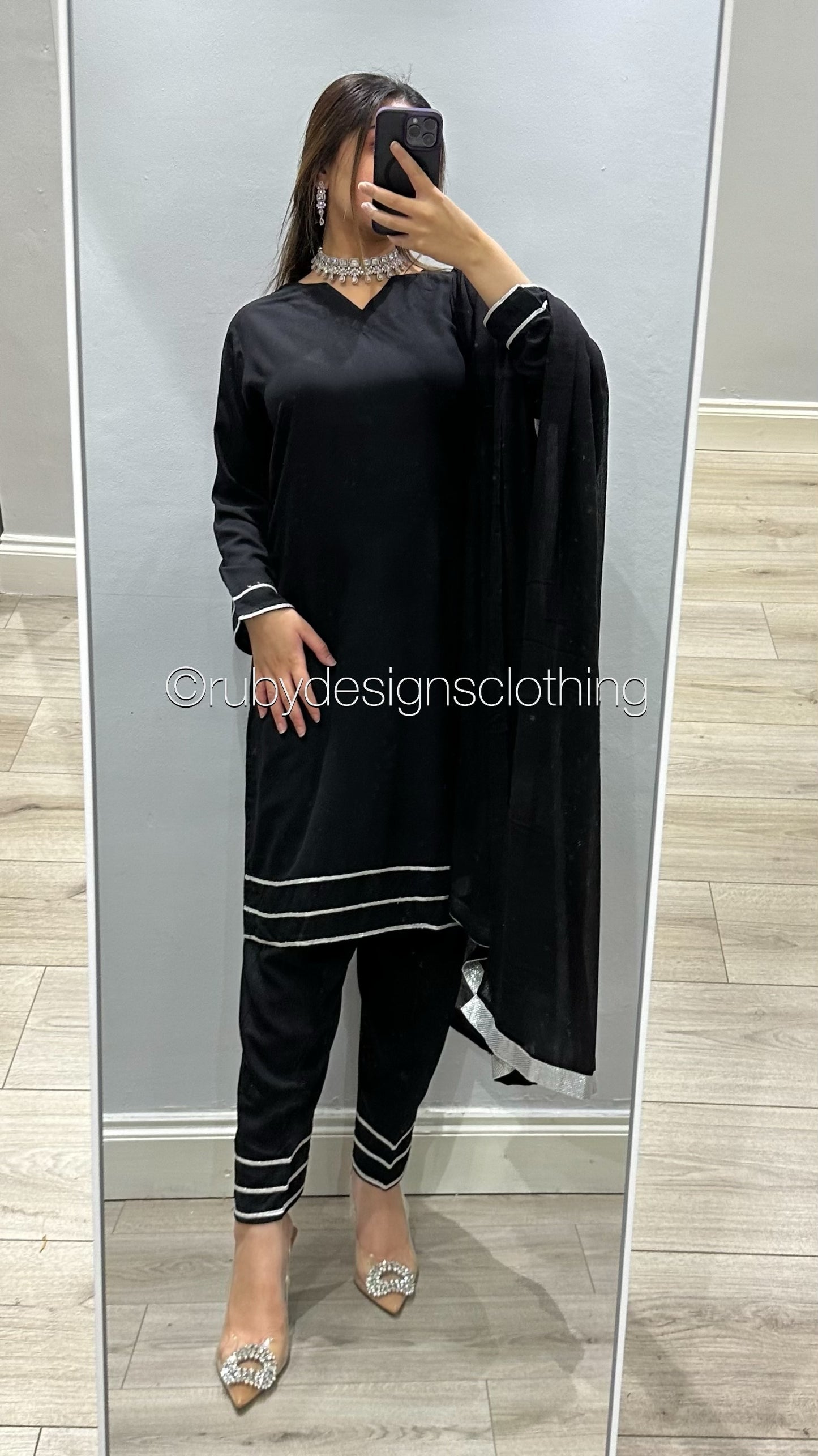 3 Piece Black Linen Suit with V Neck and Silver Border (8746842489045)