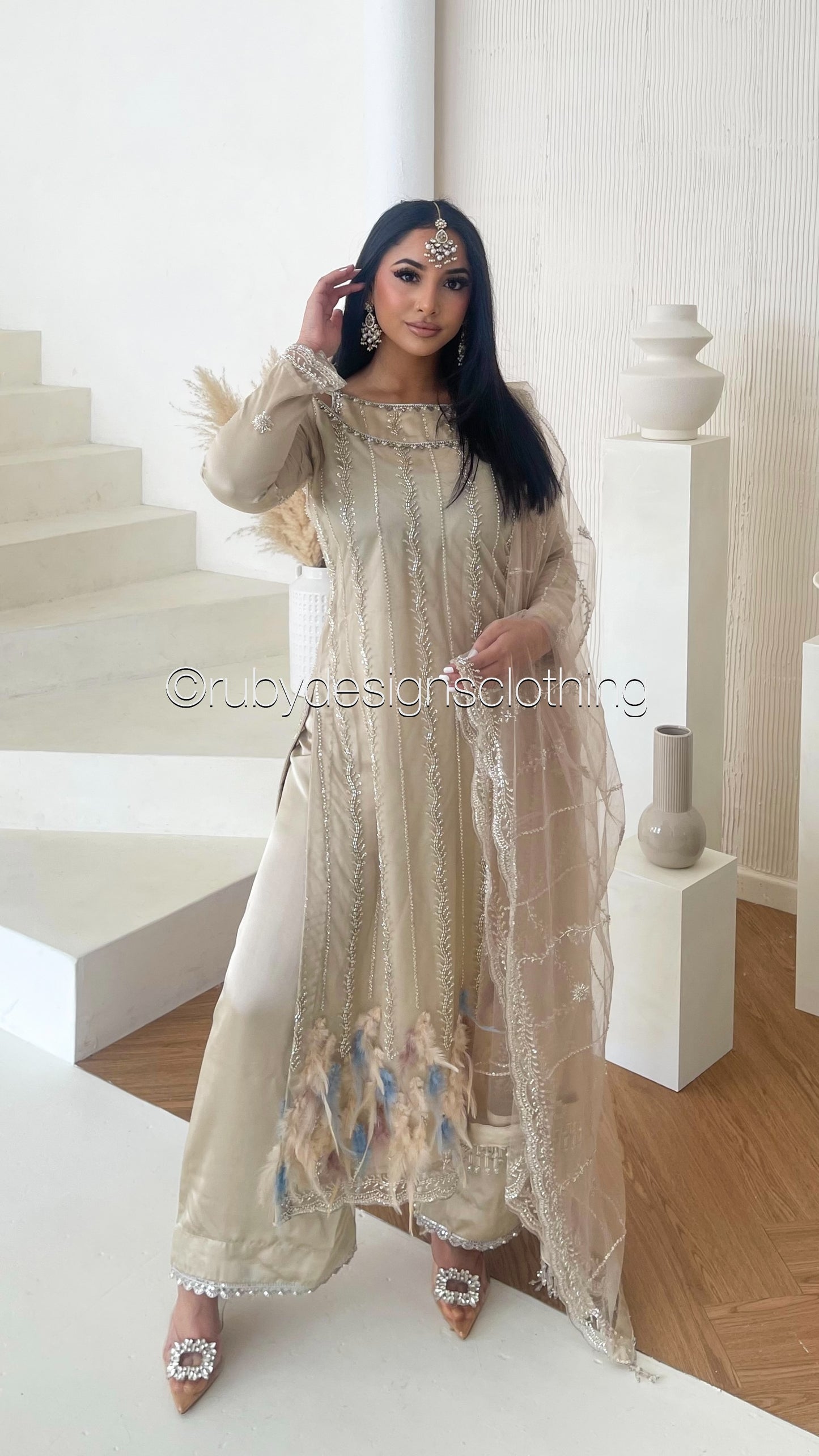 ELARA Pearl - 3 Piece Ivory Net Suit with Heavy Cutdana Work