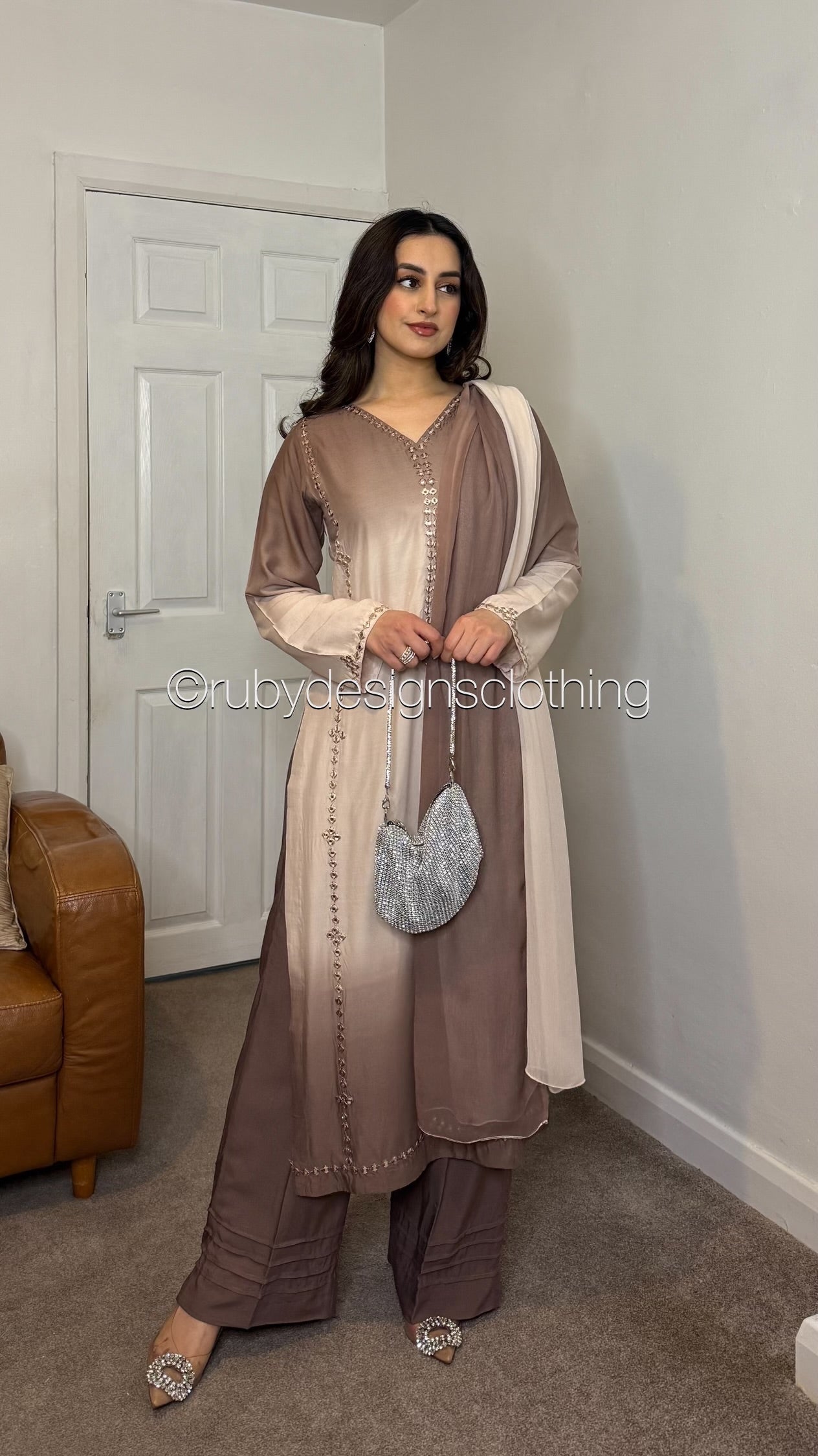 ARZOO Mocha - 3 Piece Ombre Brown Linen Suit with Chiffon Dupatta