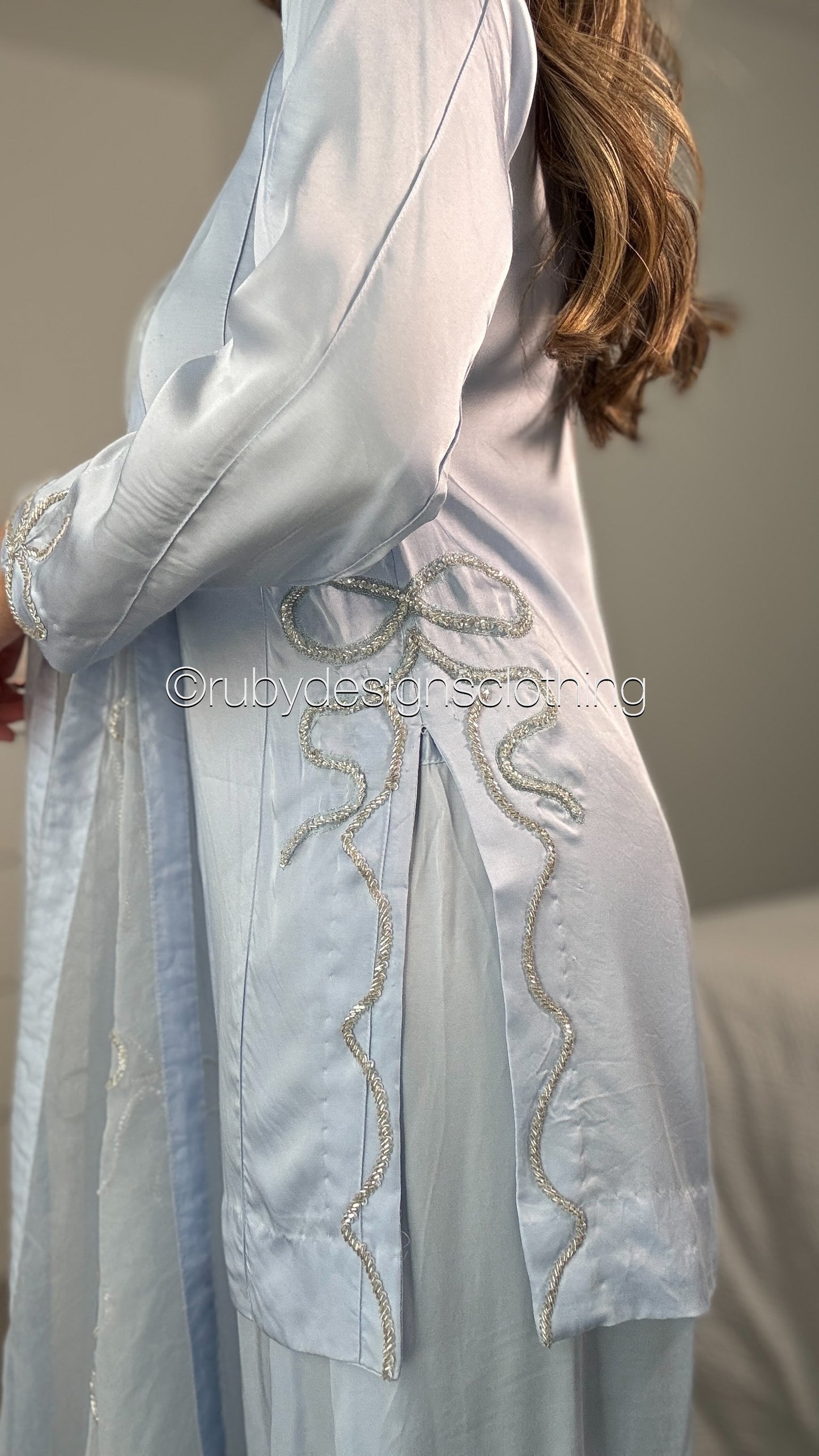 SAYLA Sky - 3 Piece Silk Bow Suit with Farshi Shalwar