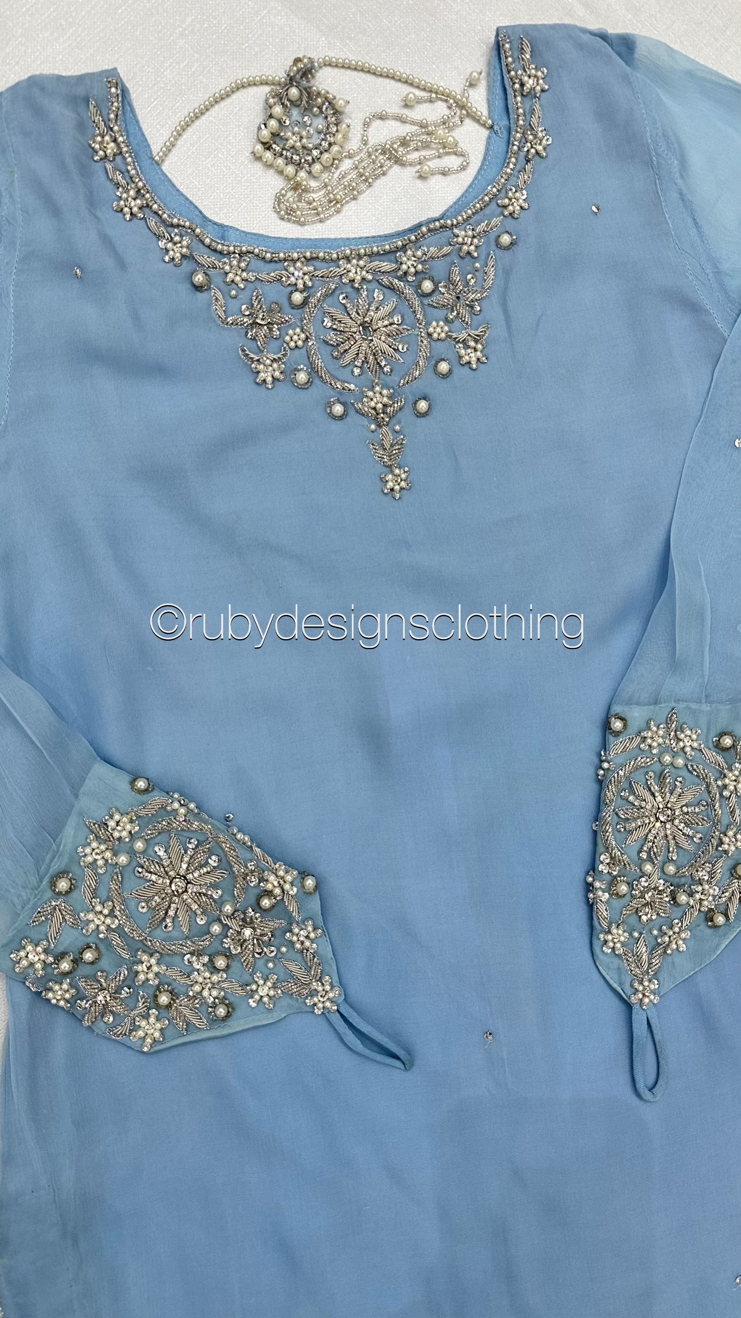 AFREEN - 3 Piece Ice Blue Chiffon Sharara with Silver Handwork (8340662386901) (8748158943445)