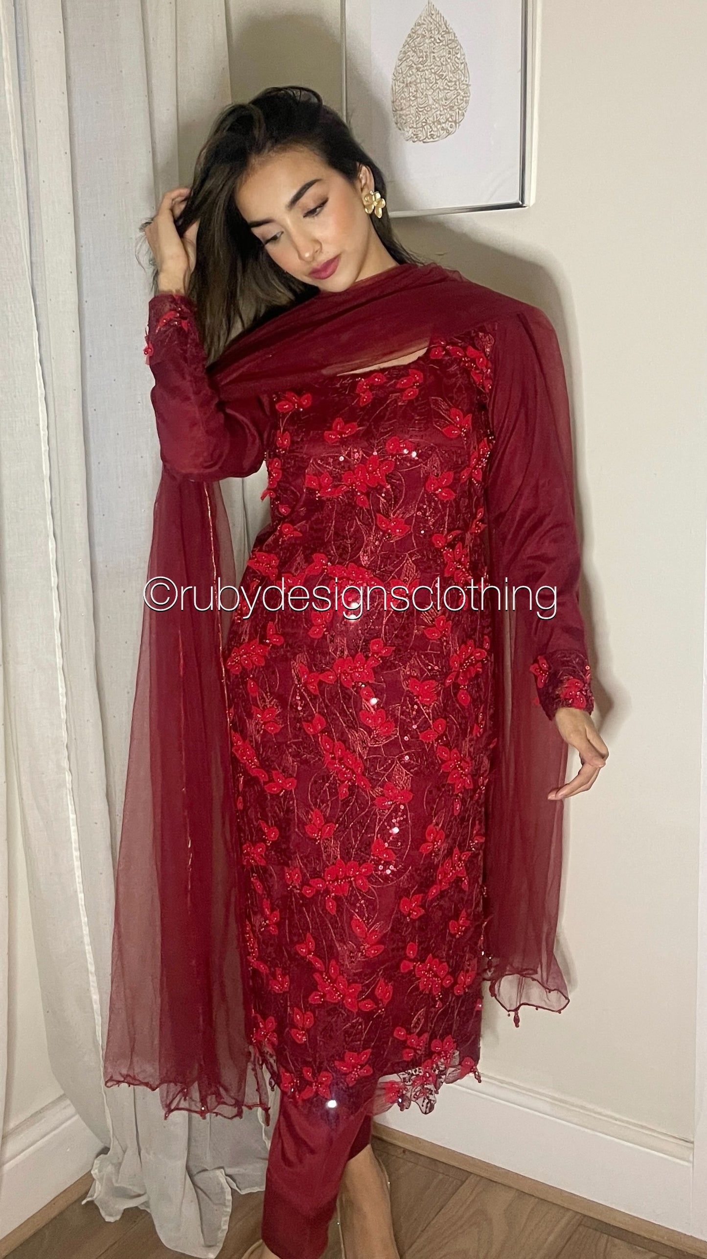 NORA - 3 Piece Red Heavy Embroidered 3D Net Suit (8275059474645)