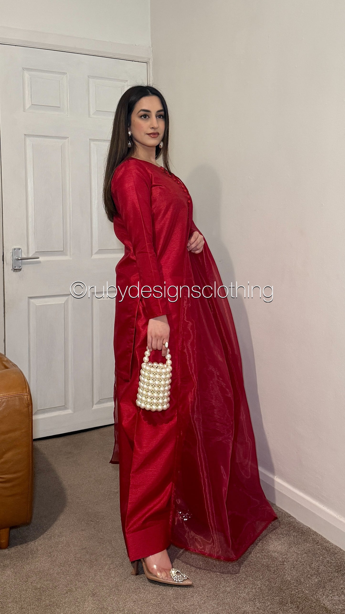 MAIRA Rouge - 3 Piece Korean Raw Silk Suit with Farshi Shalwar