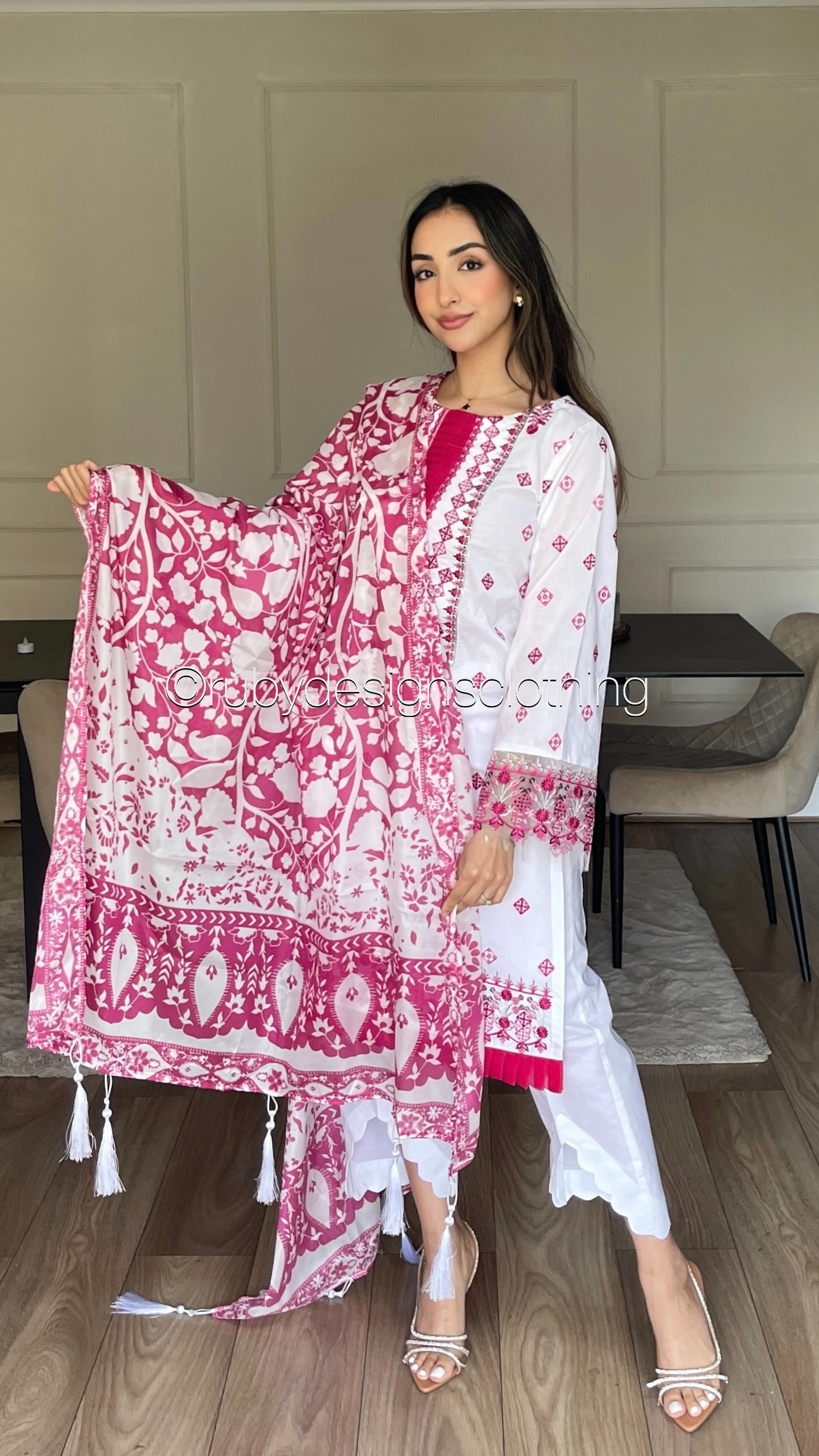 LATIFA - 3 Piece White and Pink Lawn Suit with Silk Dupatta (8583530807509)
