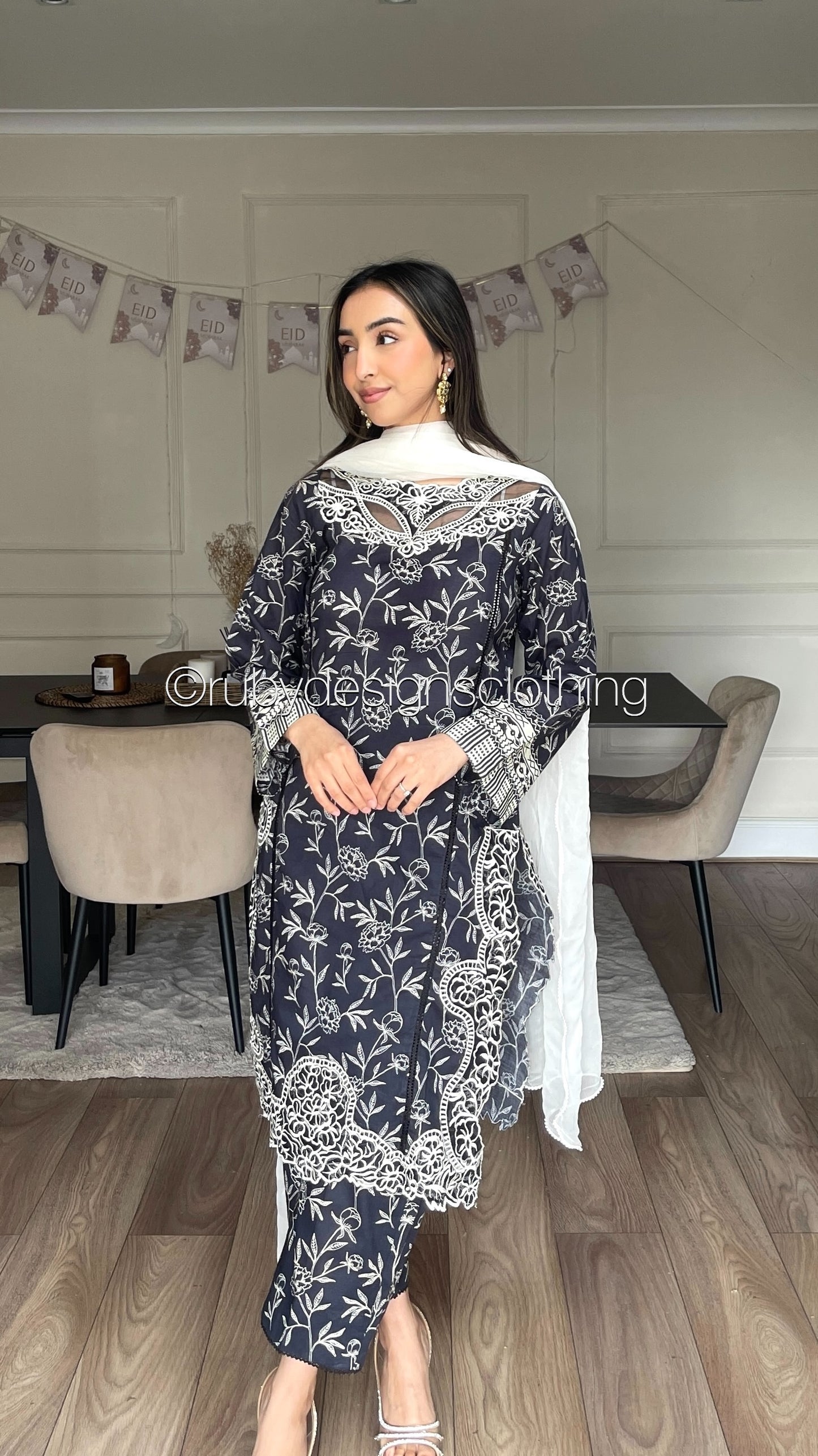 HABIBA - 3 Piece Charcoal Grey/Navy Lawn Suit with White Chiffon Dupatta (8583535427797)