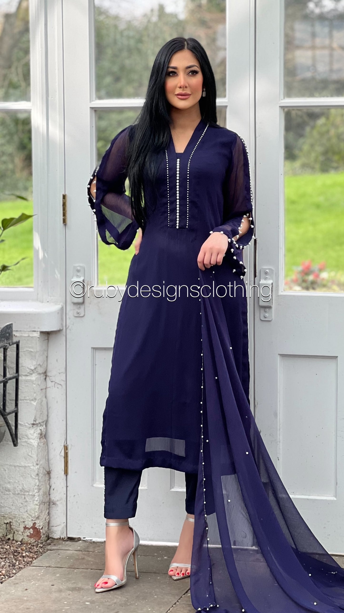 DUA Navy - 3 Piece Navy Chiffon Suit with Chiffon Dupatta and Pearls