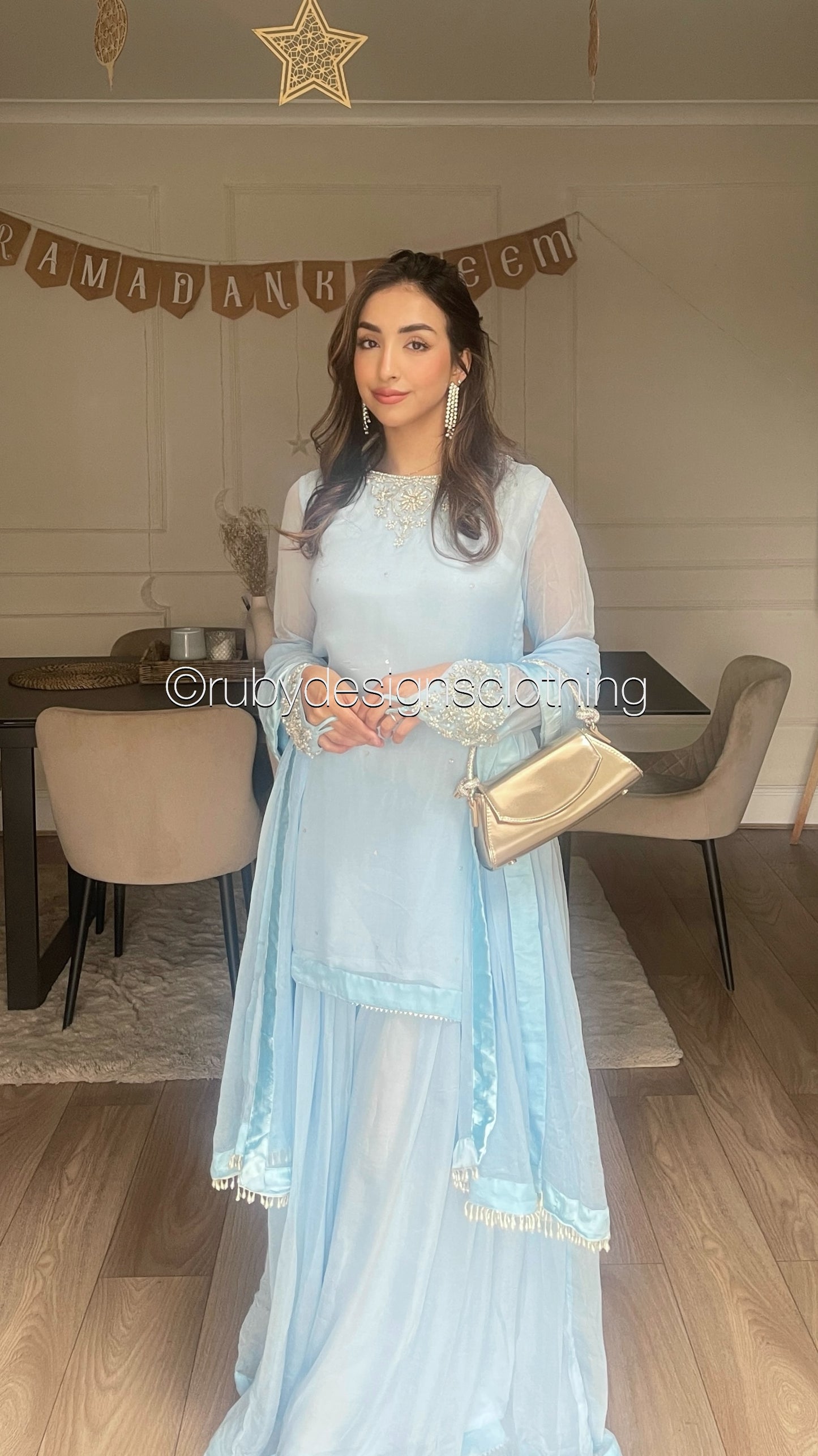 AFREEN - 3 Piece Ice Blue Chiffon Sharara with Silver Handwork (8340662386901) (8748158943445)