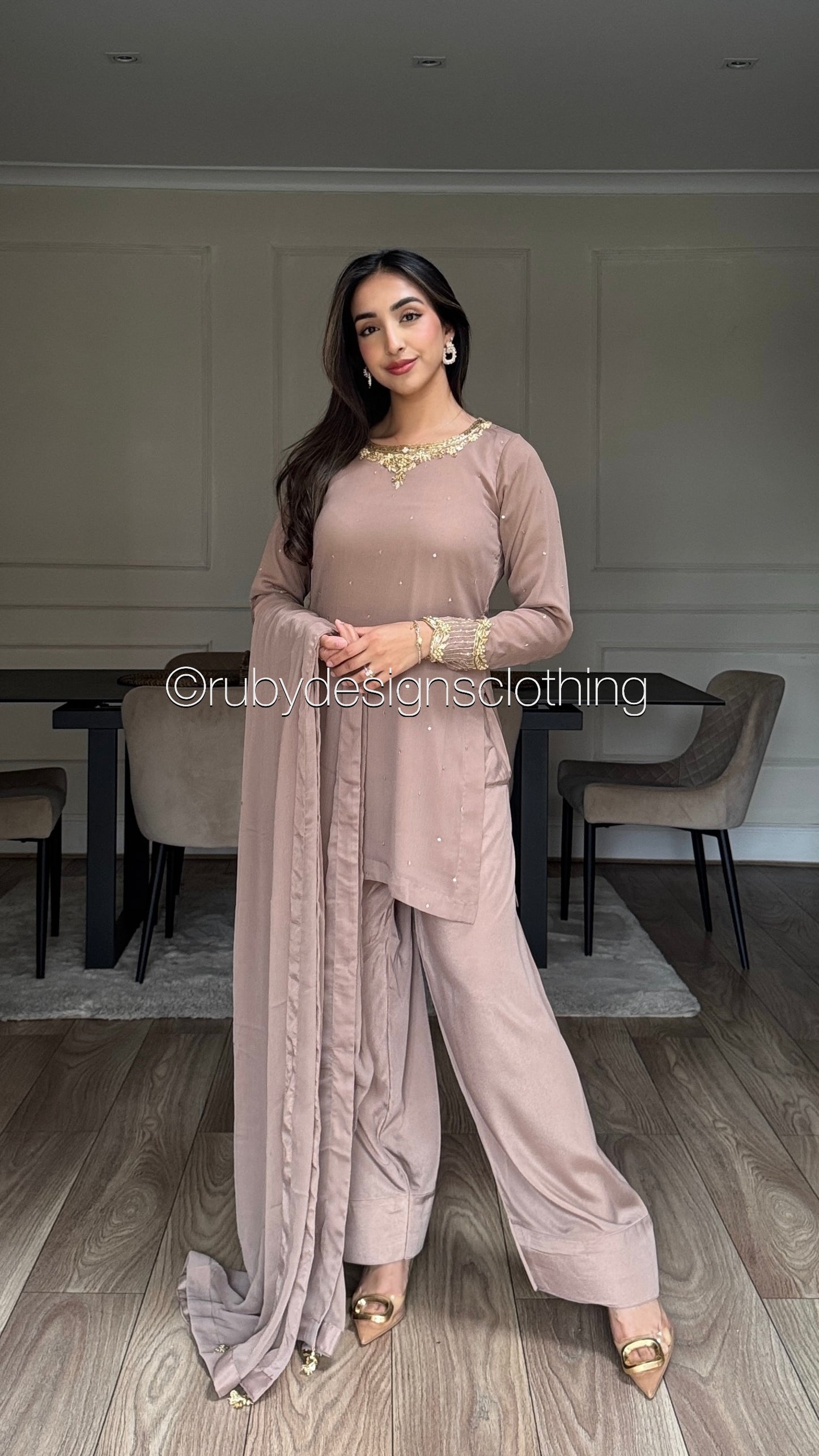 RAHA Latte - Luxury 3 Piece Chiffon Suit with Farshi Shalwar