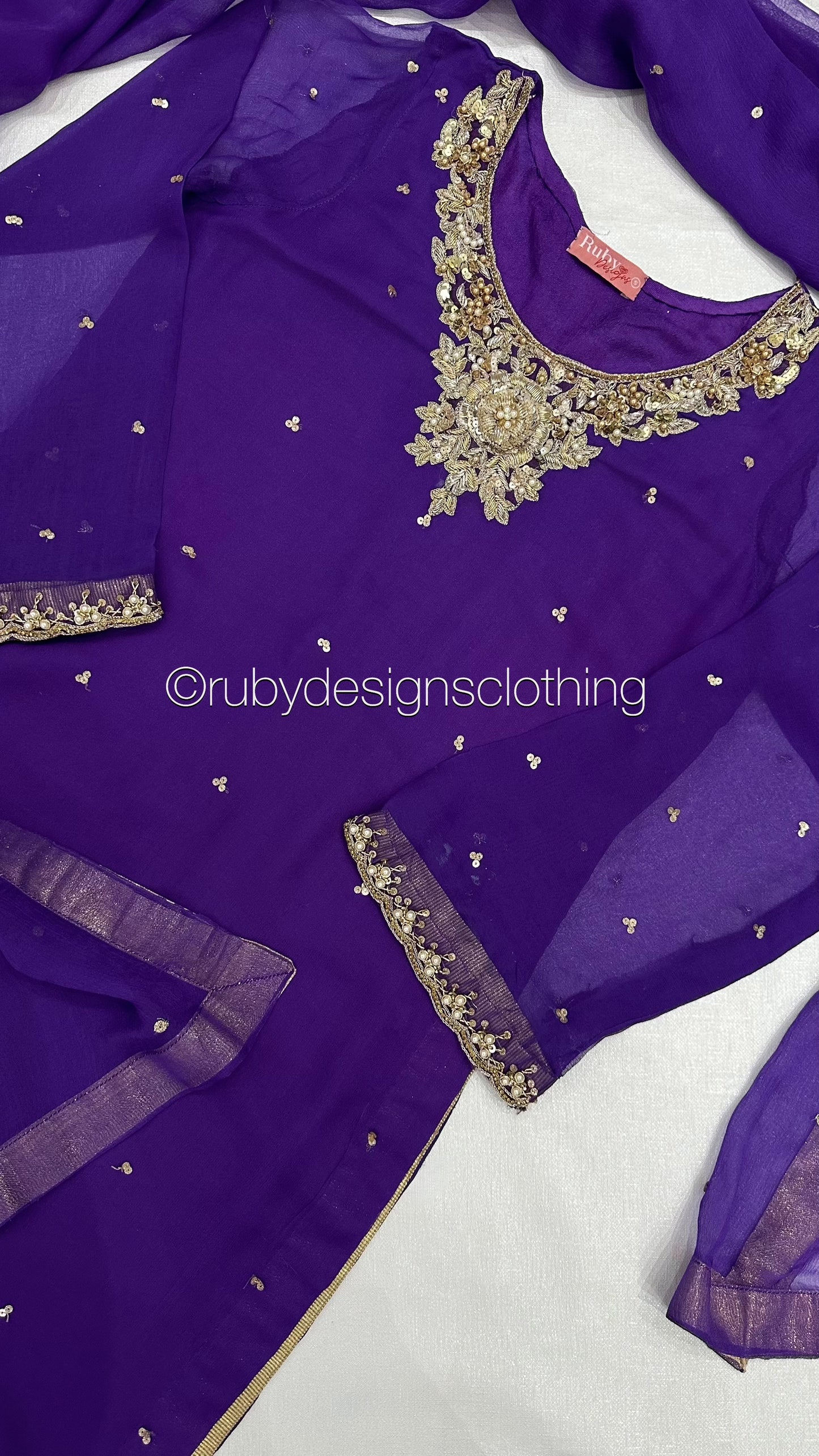 ALVIA Purple - 3 Piece Purple Chiffon Suit with Gold Handwork