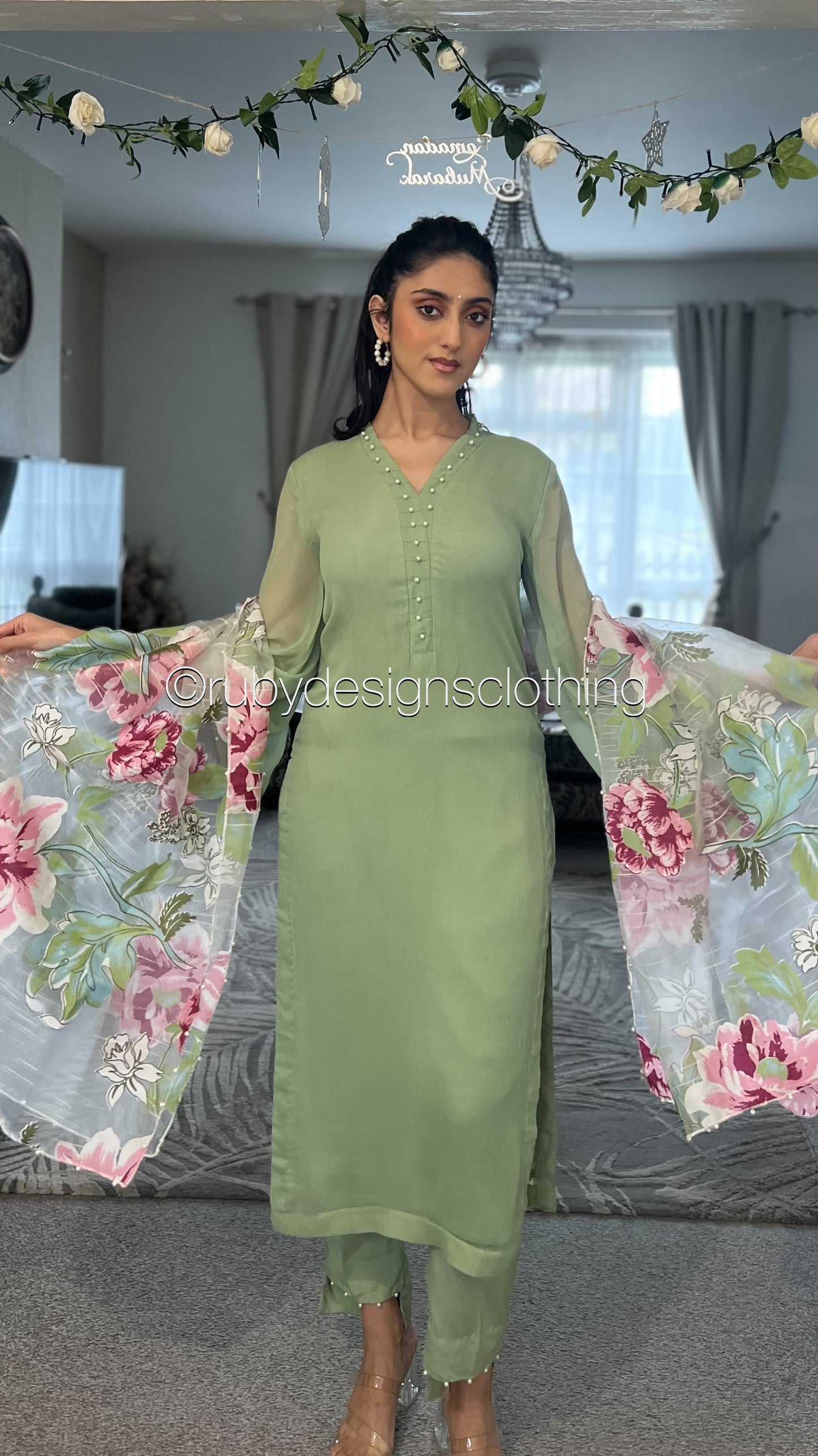 ARIA Sage - 3 Piece Sage Green Chiffon Suit with Chiffon Dupatta (8371704070357) (8748005654741)
