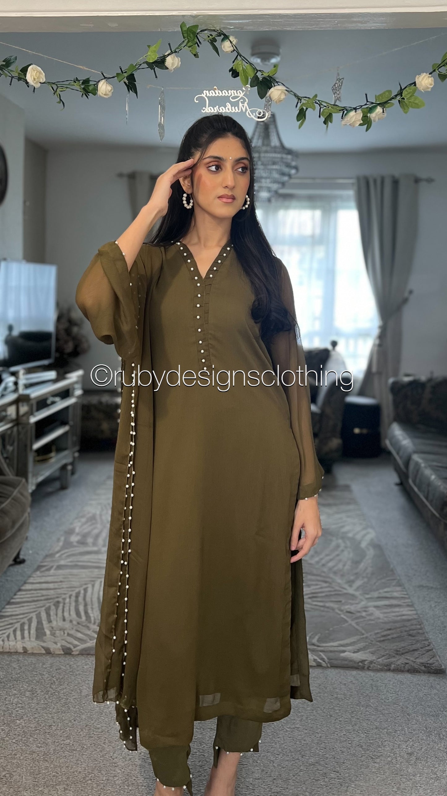 ARIA Henna (Eid Exclusive Limited Edition) - 3 Piece Khaki Brown Chiffon Suit with Chiffon Dupatta (8371703546069)