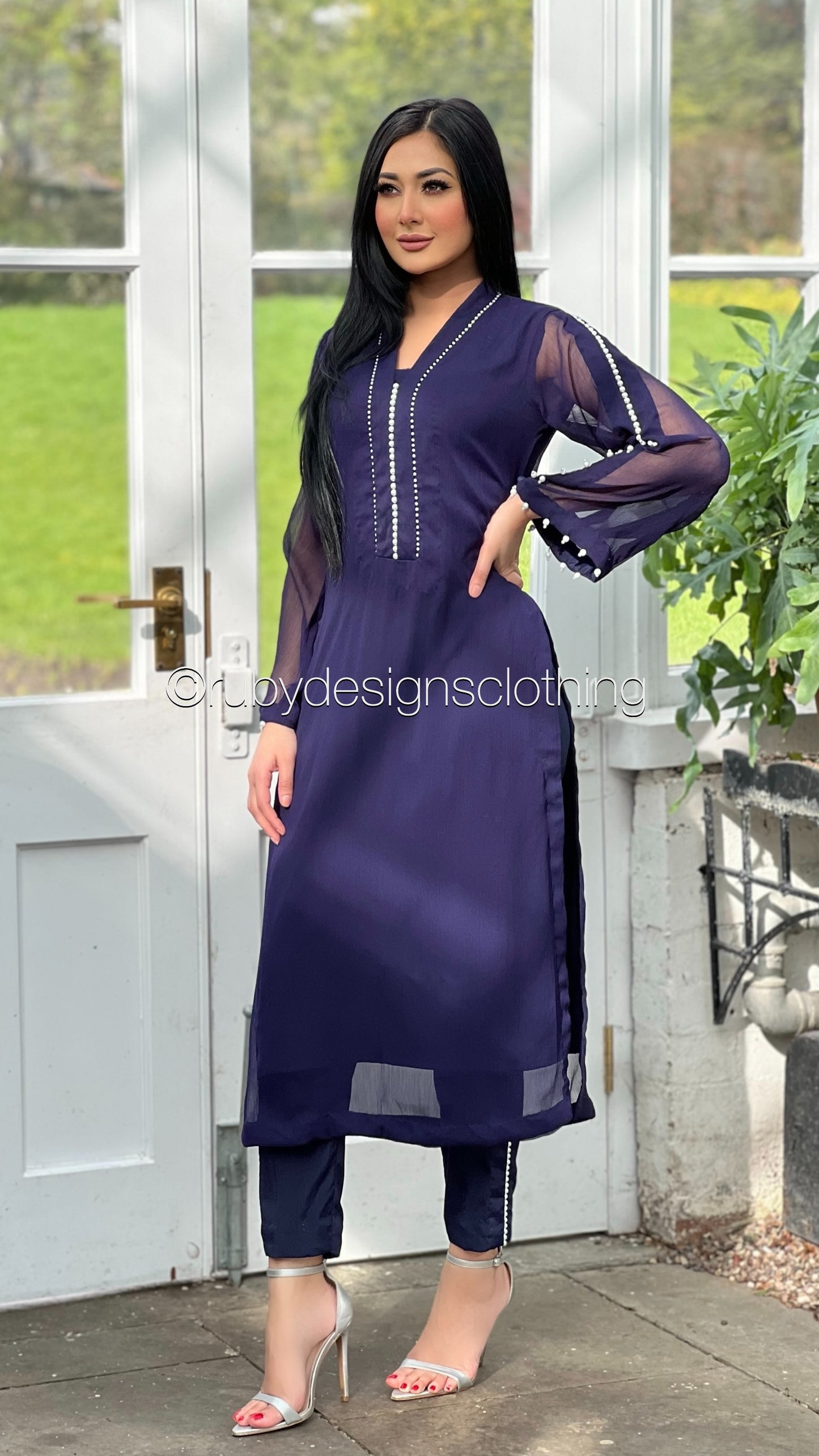 DUA Navy - 3 Piece Navy Chiffon Suit with Chiffon Dupatta and Pearls