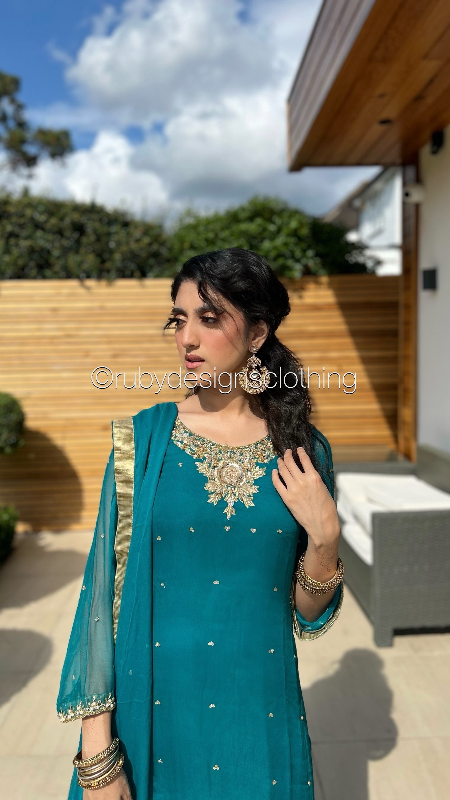 ALVIA Teal - 3 Piece Teal Chiffon Suit with Gold Handwork (8295034847445)