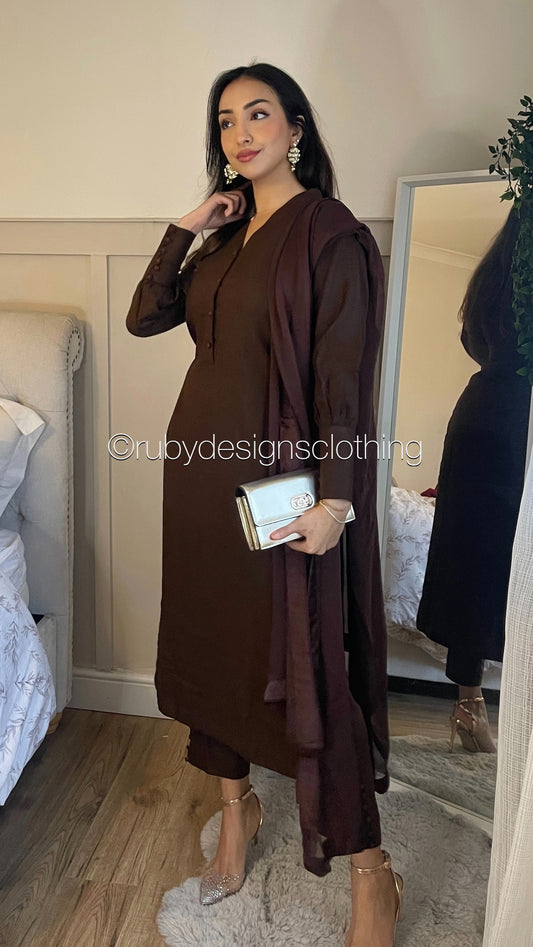 HANA - Brown 3 Piece Linen Suit with Chiffon Dupatta (7905760411861)