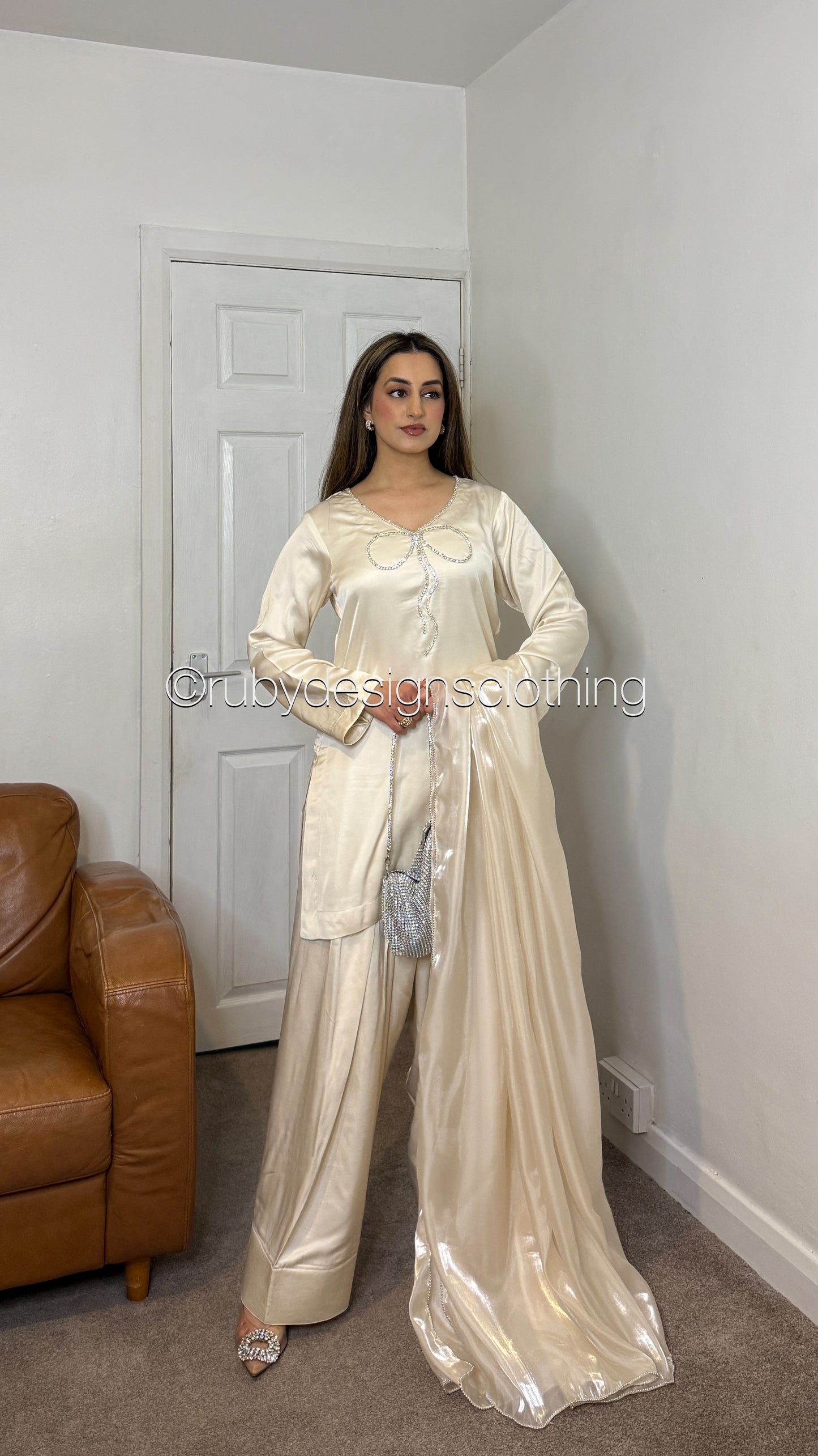 ZARA Pearl - 3 Piece Silk Suit with Farshi Shalwar and Bow Detail