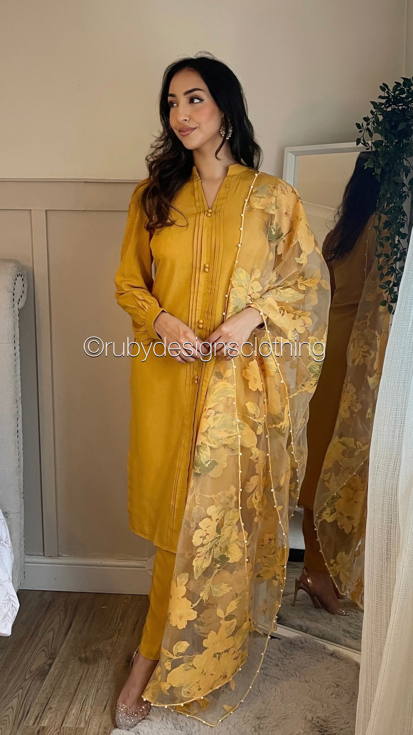 TAHERA- 3 Piece Mustard Linen Suit with Organza Dupatta (8219888353493)