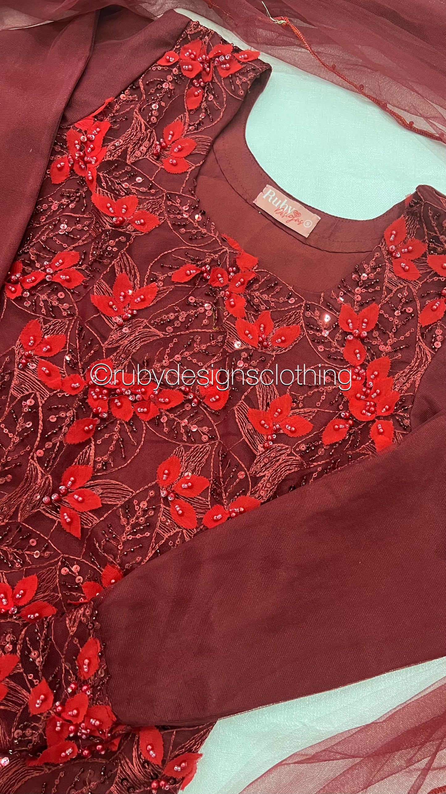 NORA - 3 Piece Red Heavy Embroidered 3D Net Suit (8275059474645)