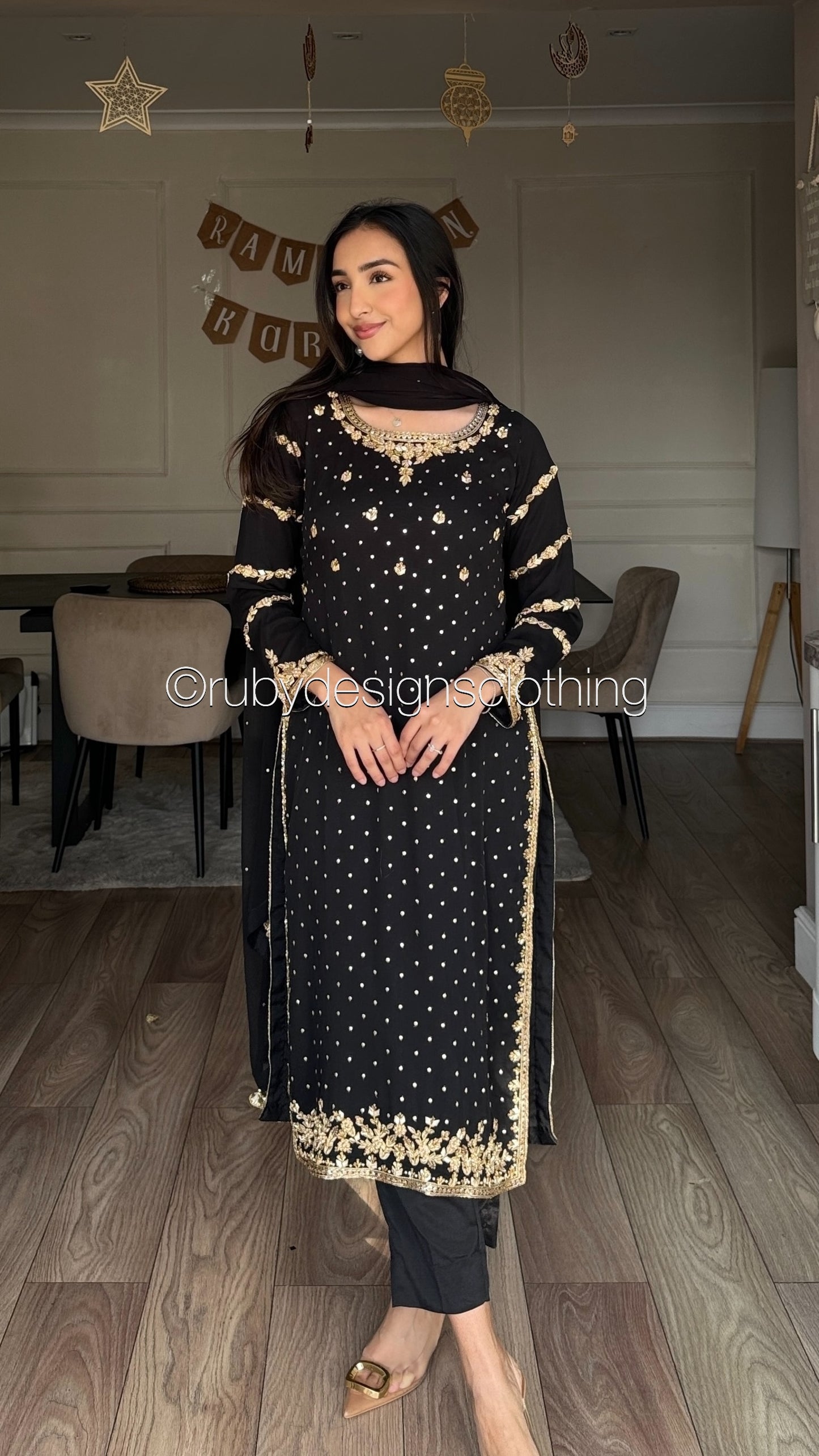 ZAREEN Noir - Luxury 3 Piece Chiffon Suit with Gold Handwork