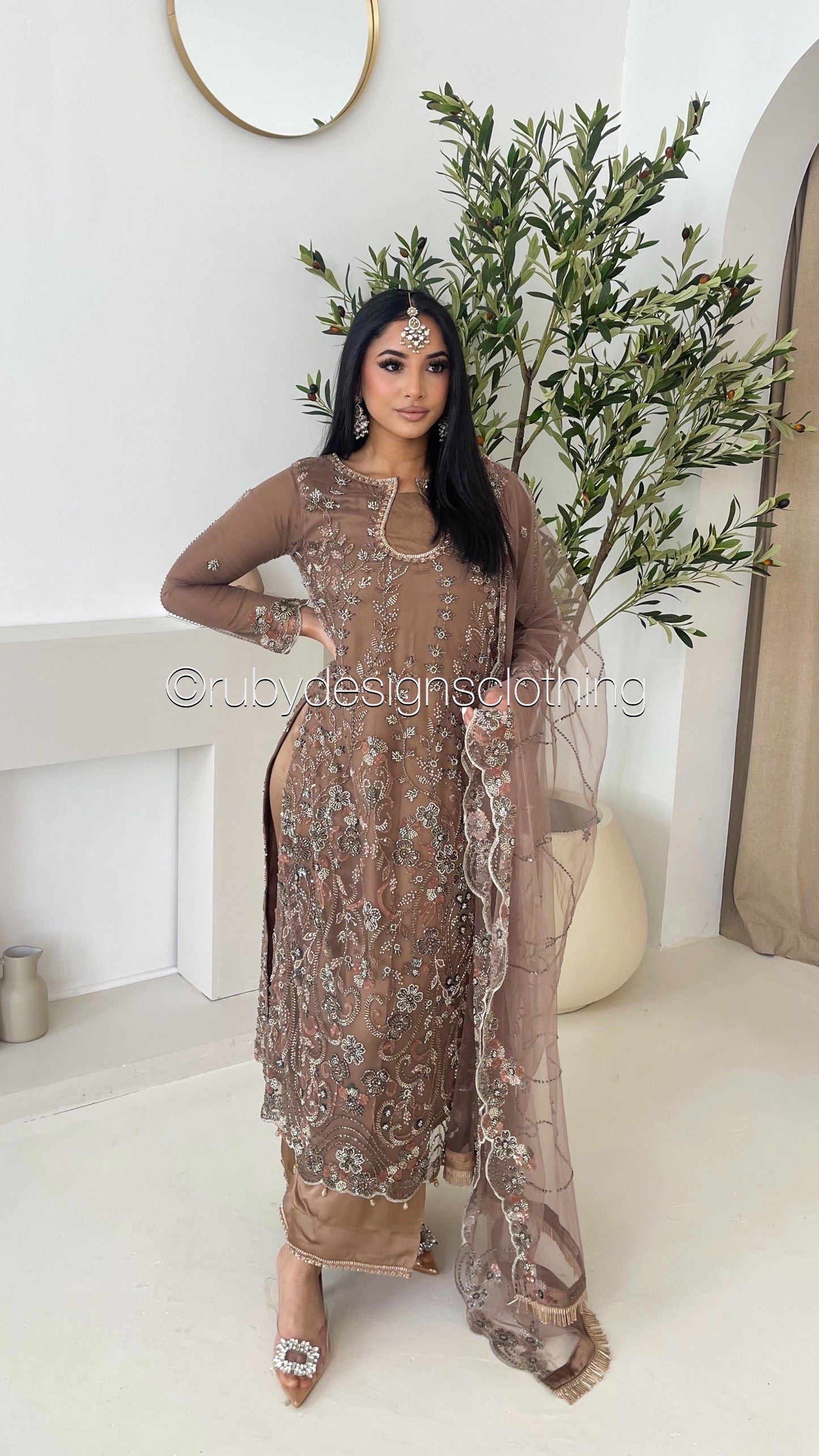 ESMA Latte - 3 Piece Brown Net Suit with Heavy Cutdana Work